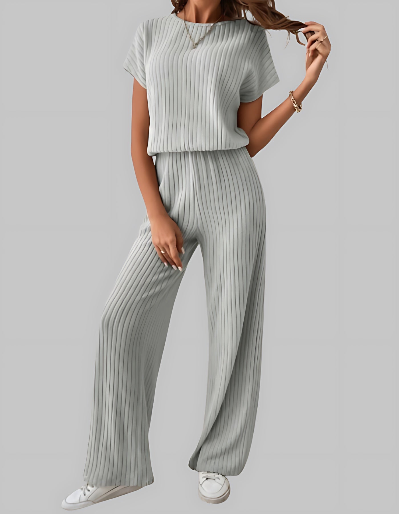 Maria – Ribbed Knit Short Sleeve Top and Wide Leg Pants Set
