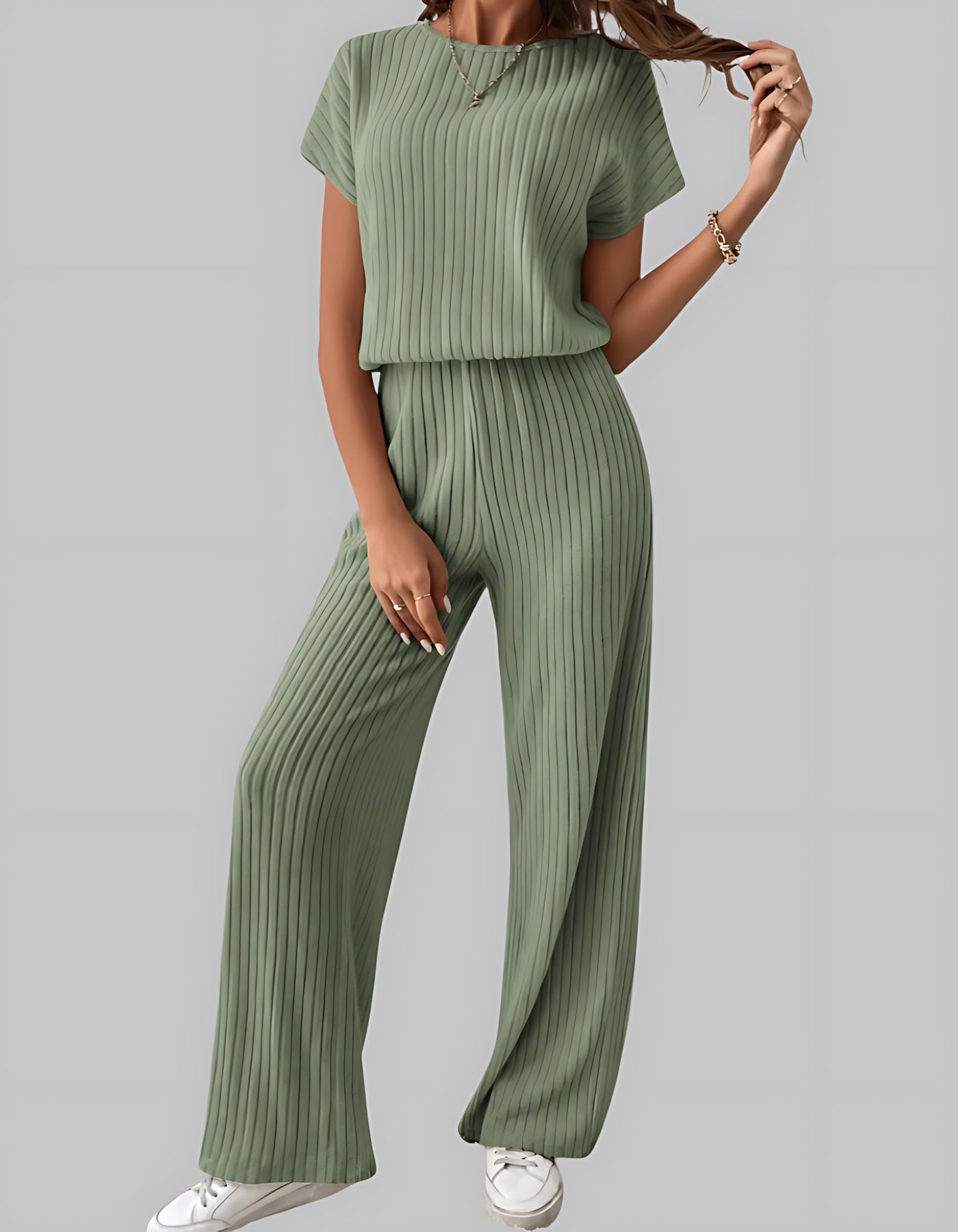 Maria – Ribbed Knit Short Sleeve Top and Wide Leg Pants Set