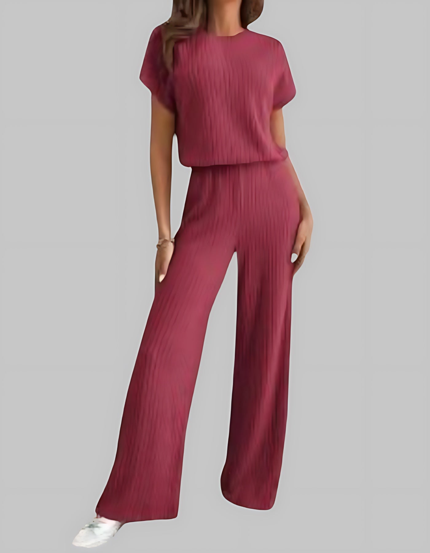 Maria – Ribbed Knit Short Sleeve Top and Wide Leg Pants Set