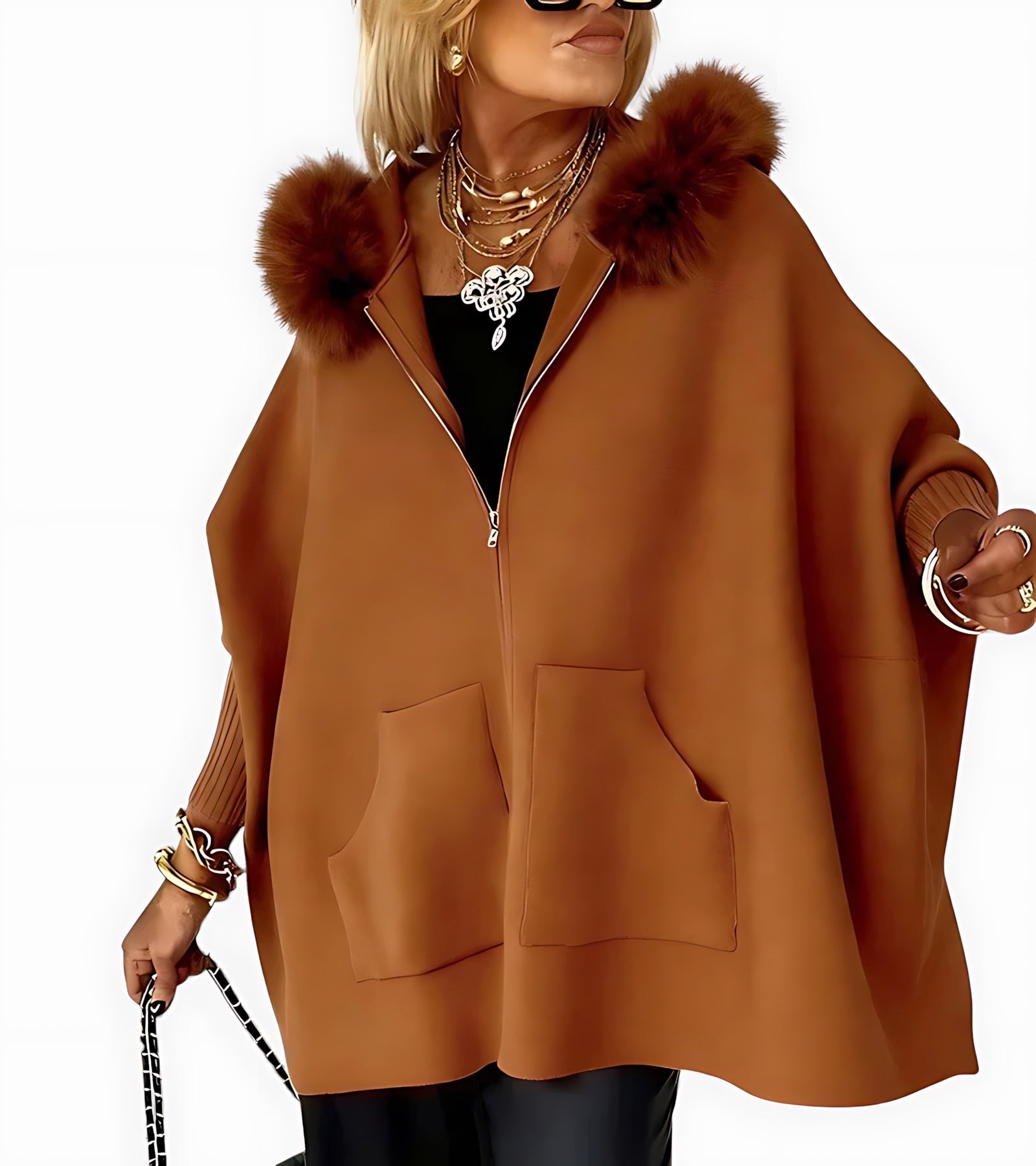 Mariana – Faux Fur Collar Cape Coat