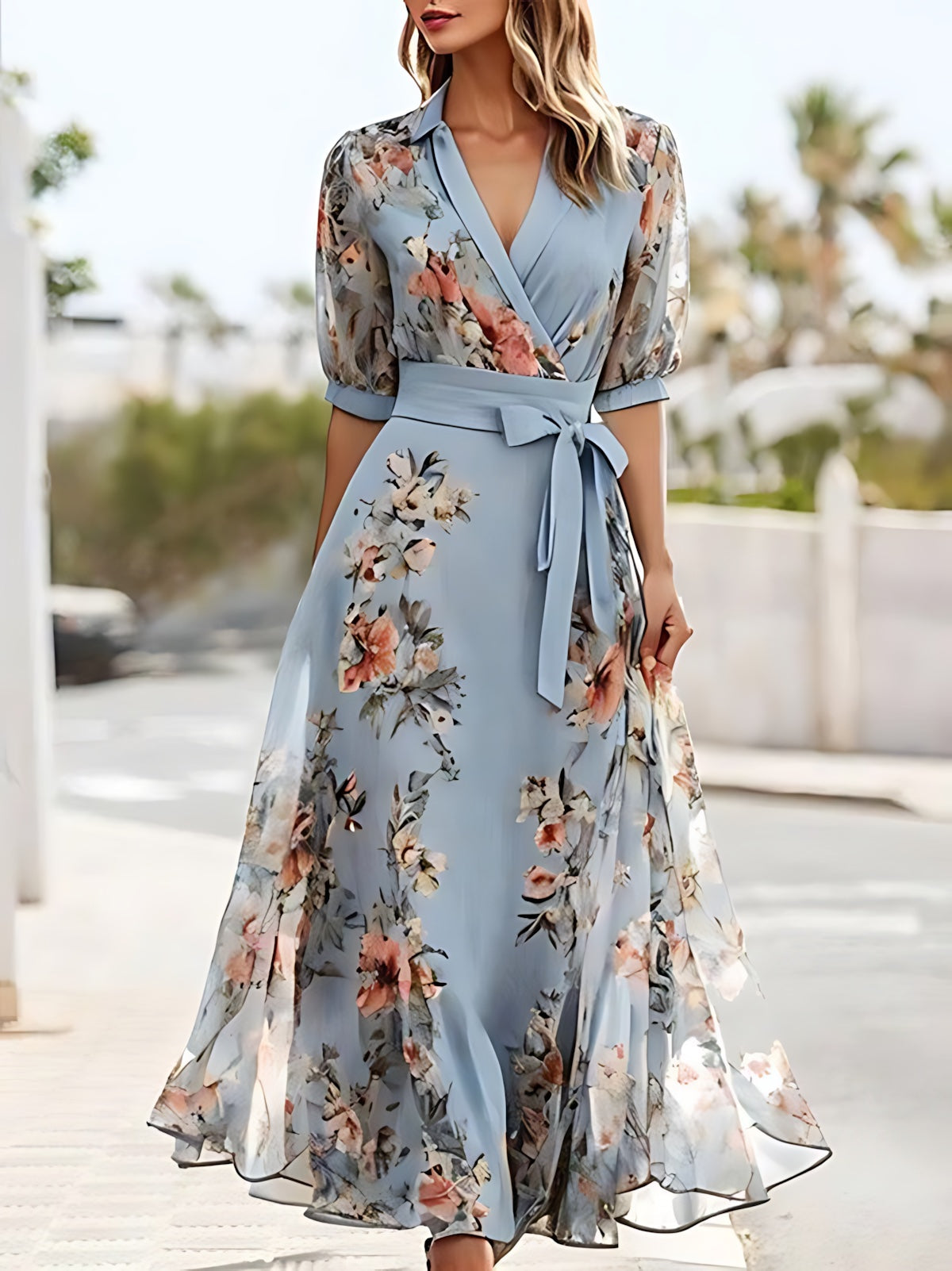 Marina – Floral Print Long Sleeve Wrap Midi Dress