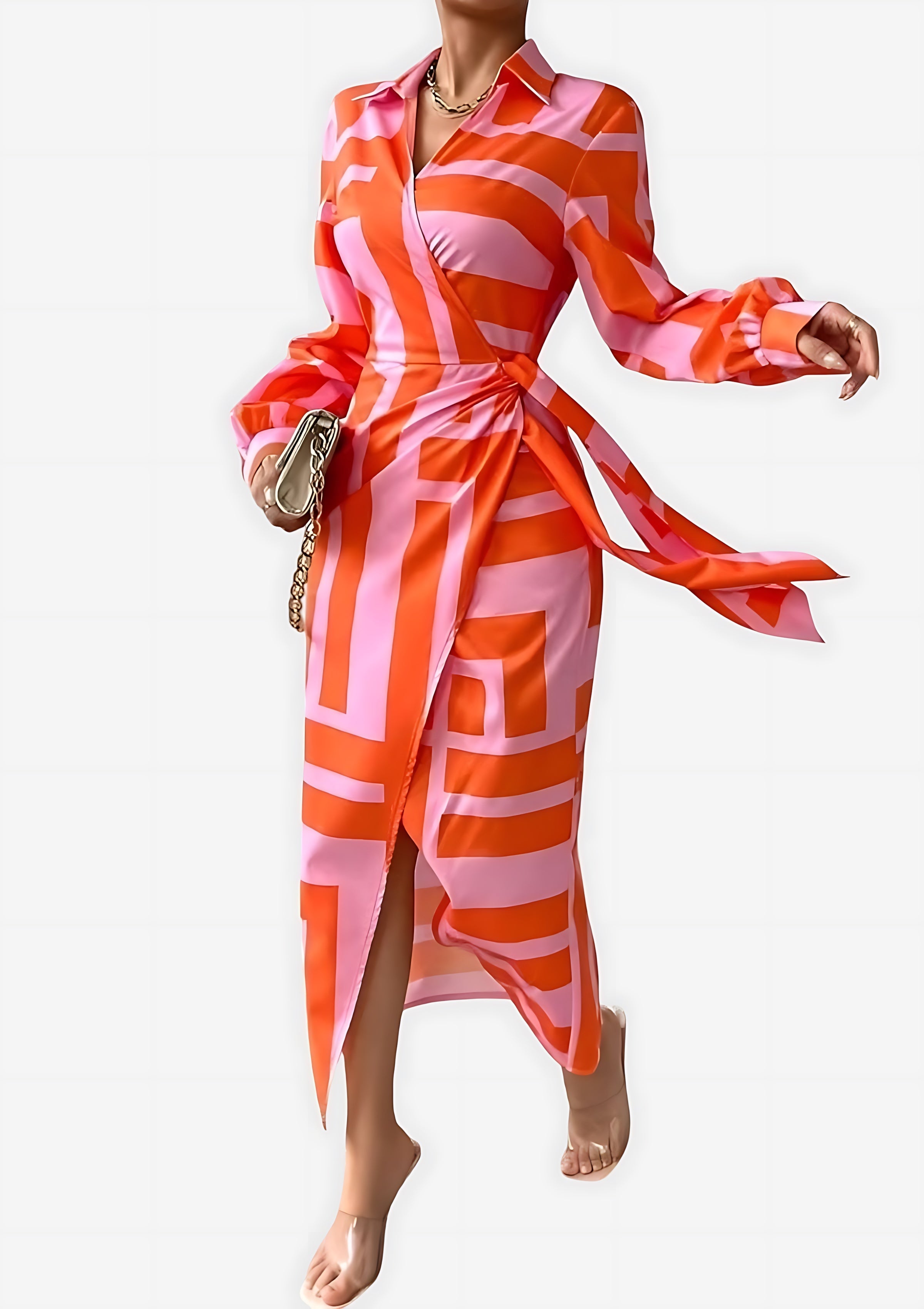 Marlowe – Abstract Print Tie Waist Wrap Midi Dress