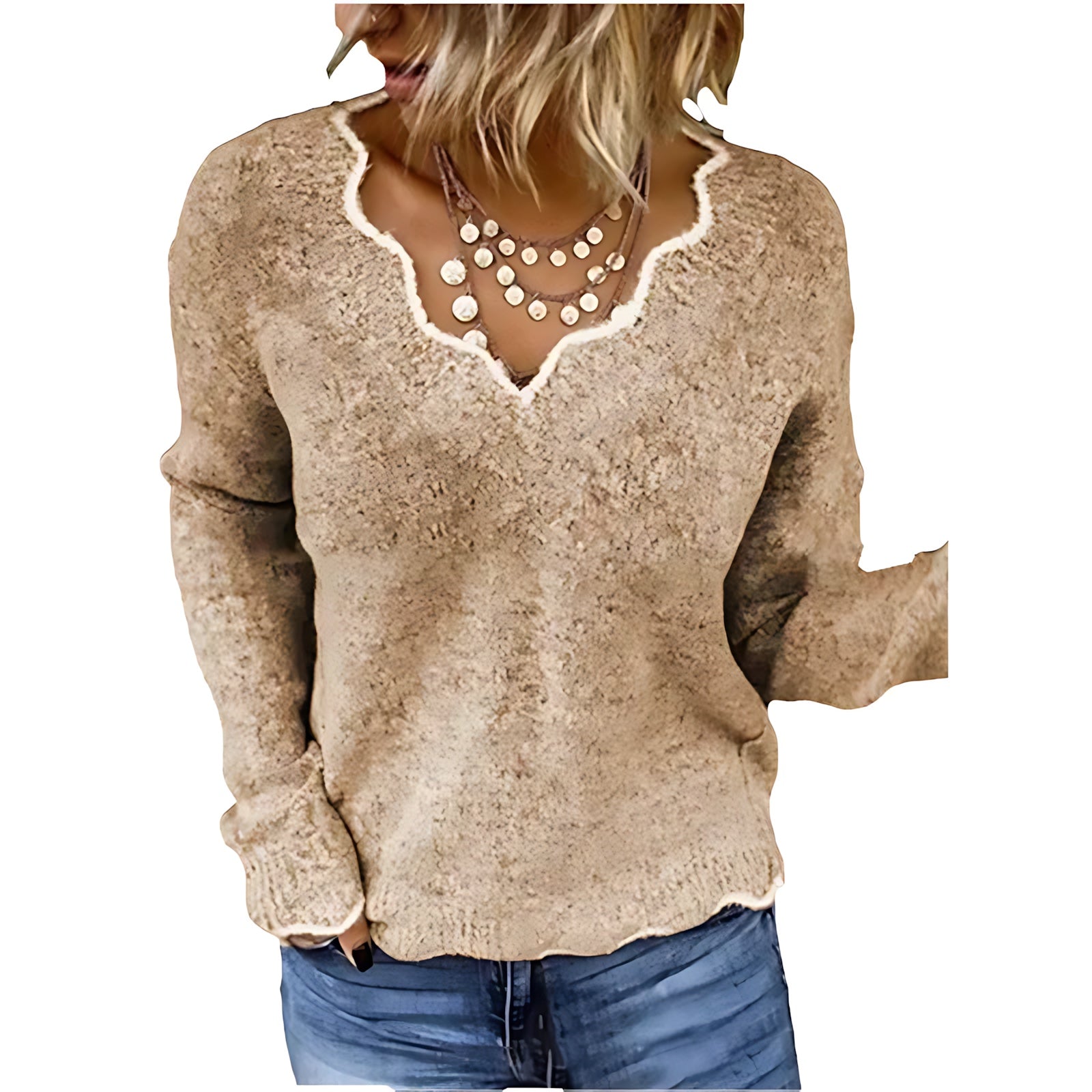 Mary – Lace Trim V Neck Knit Sweater