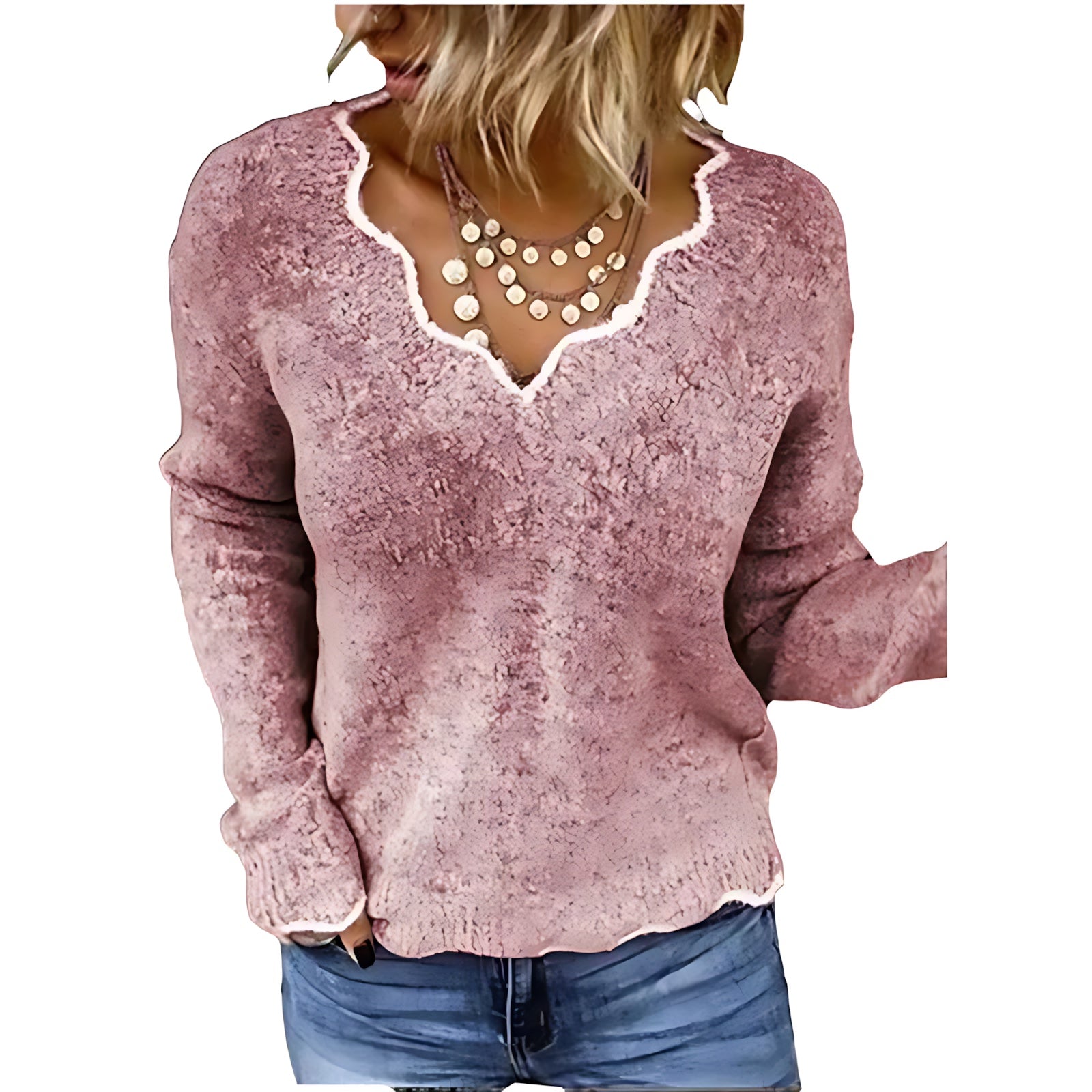 Mary – Lace Trim V Neck Knit Sweater