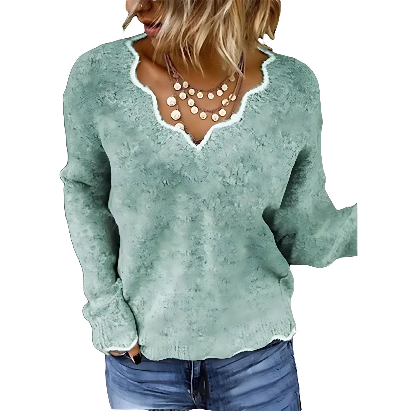 Mary – Lace Trim V Neck Knit Sweater