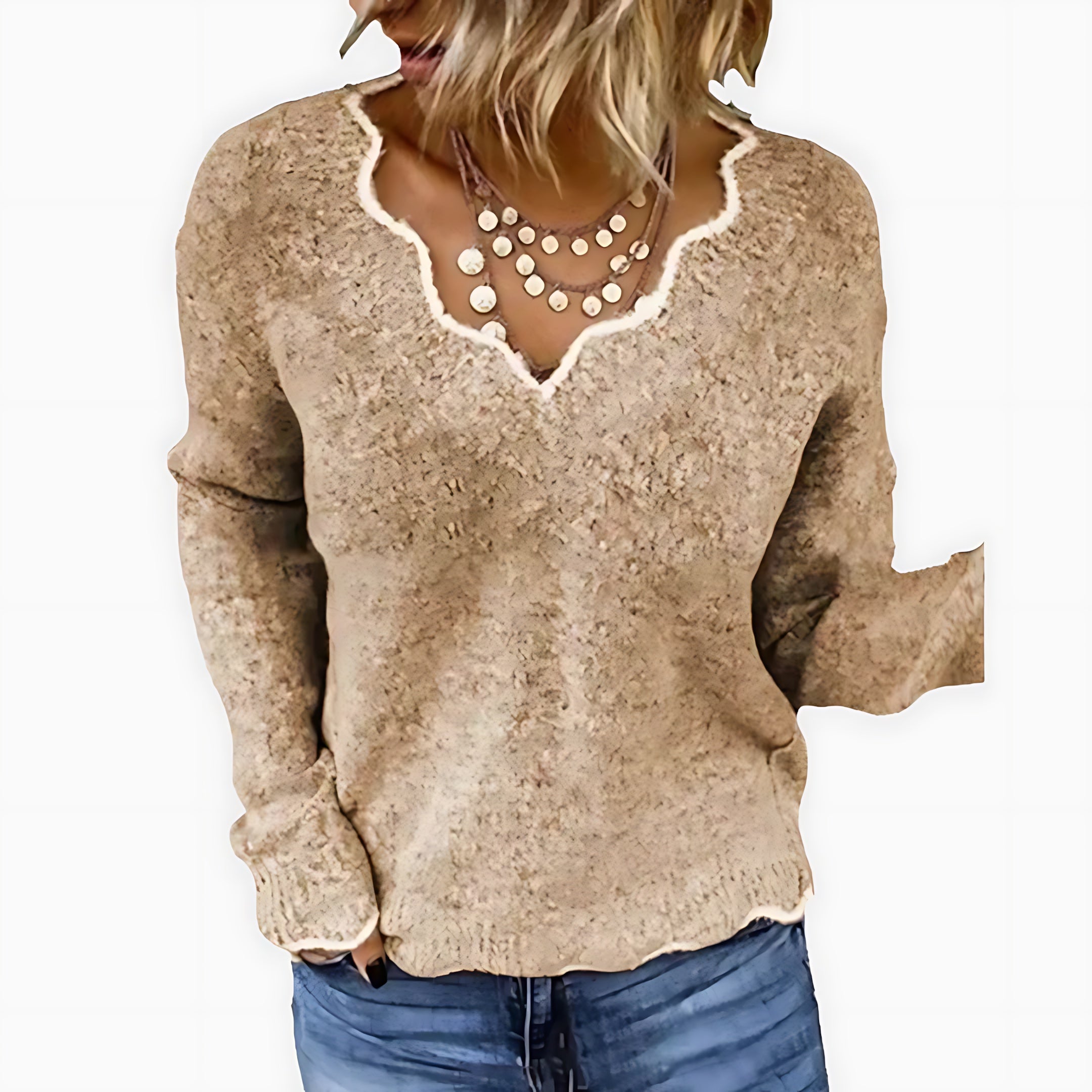 Mary – Lace Trim V Neck Knit Sweater