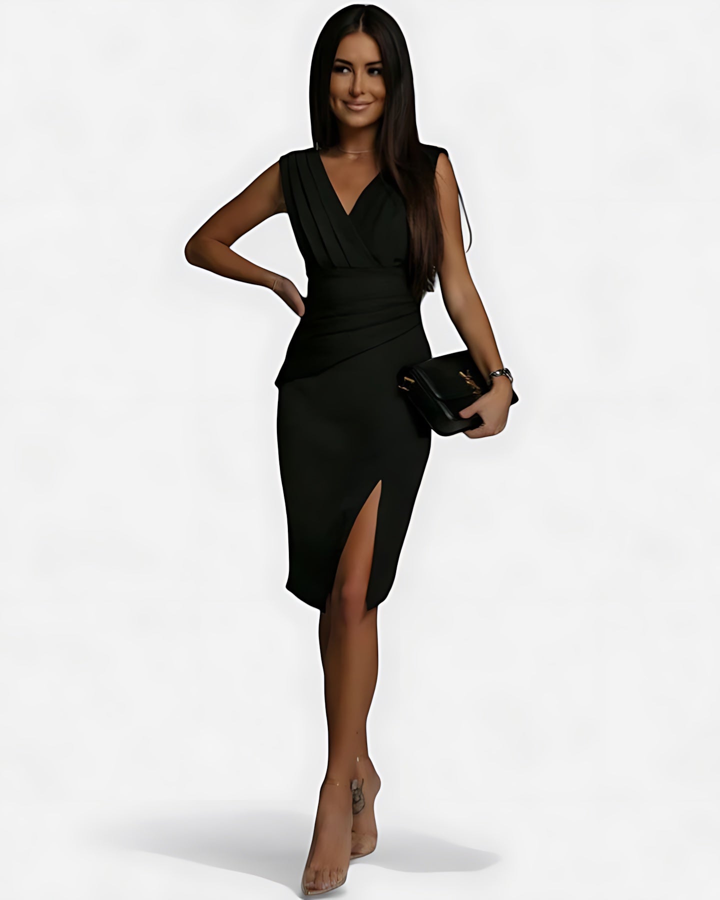 Mary – Ruched V Neck Bodycon Cocktail Midi Dress