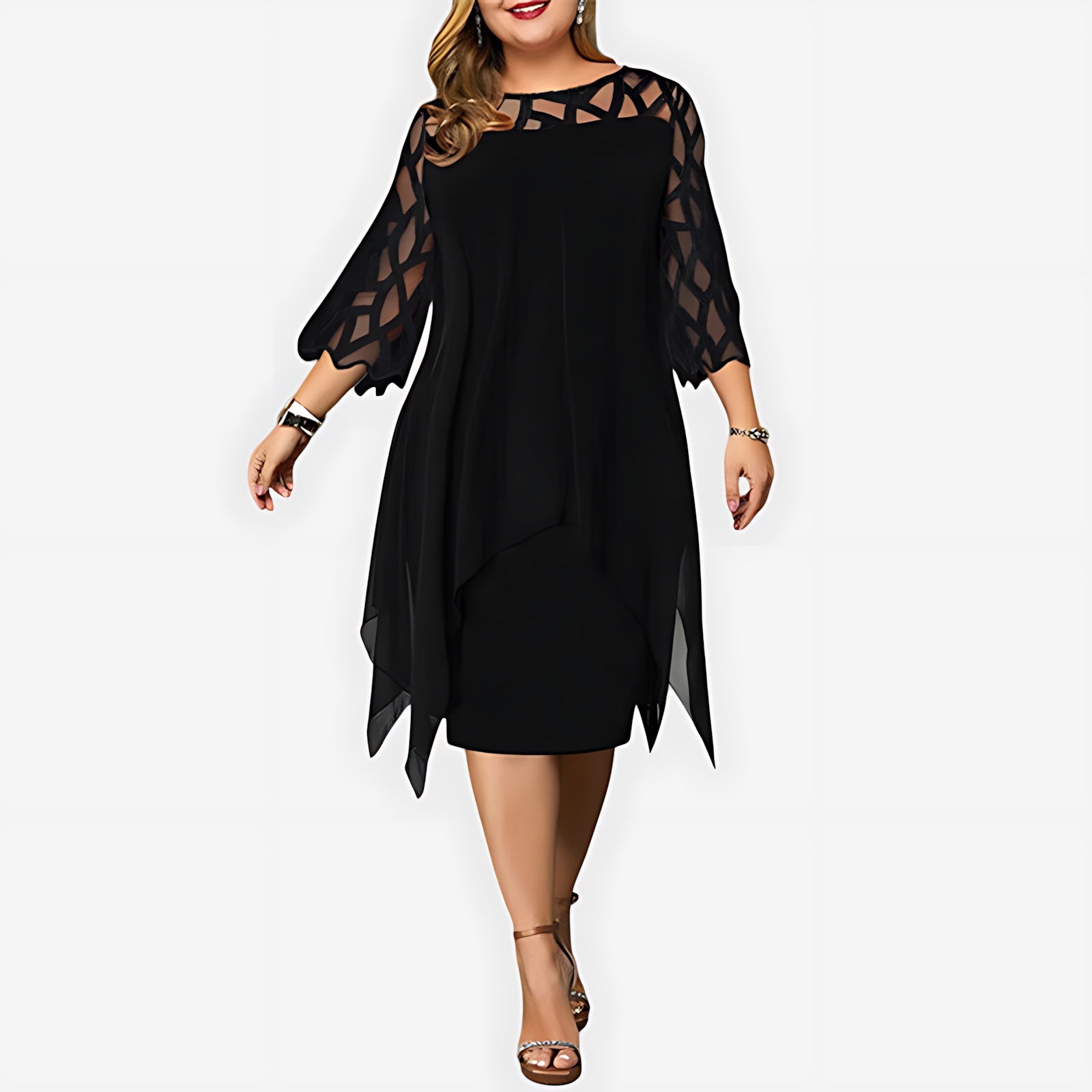 Matilda – Lace Sleeve Handkerchief Hem Midi Dress