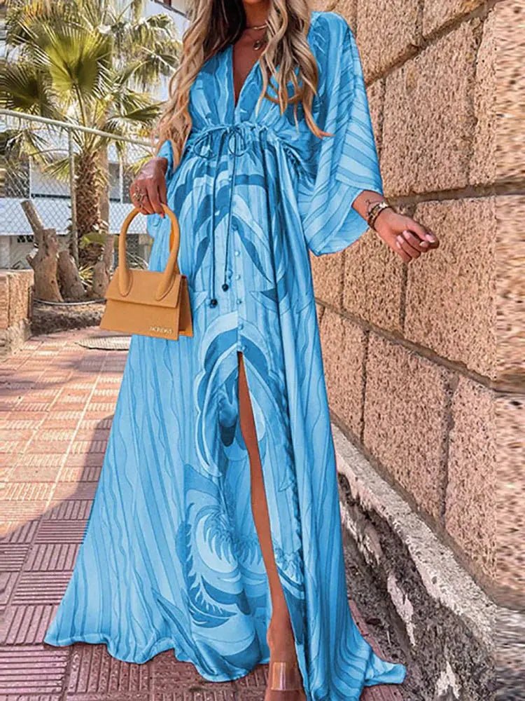 Charlie – Abstract Print Kimono Sleeve Slit Maxi Dress