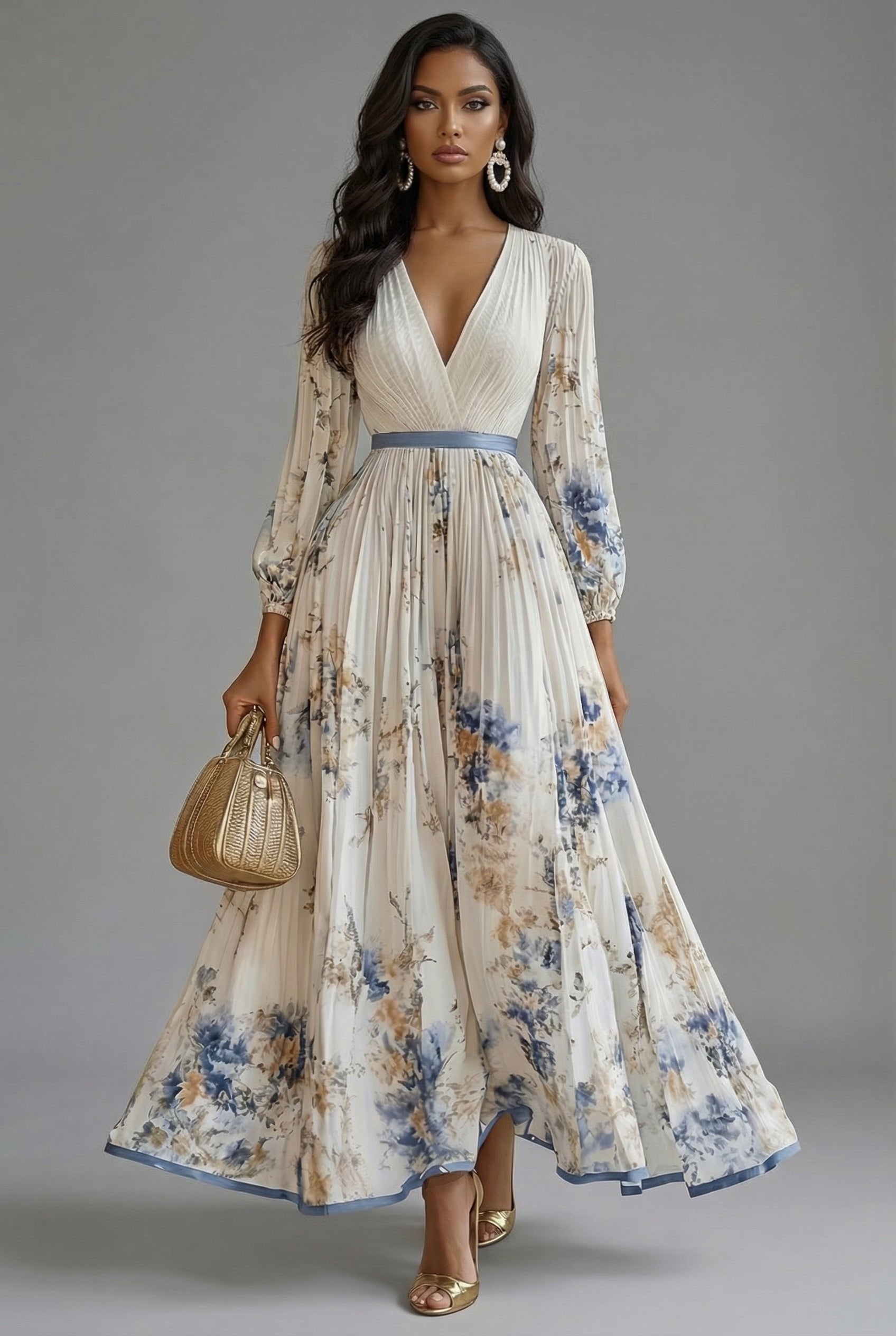 Gianna – Floral Print V Neck Long Sleeve Maxi Dress