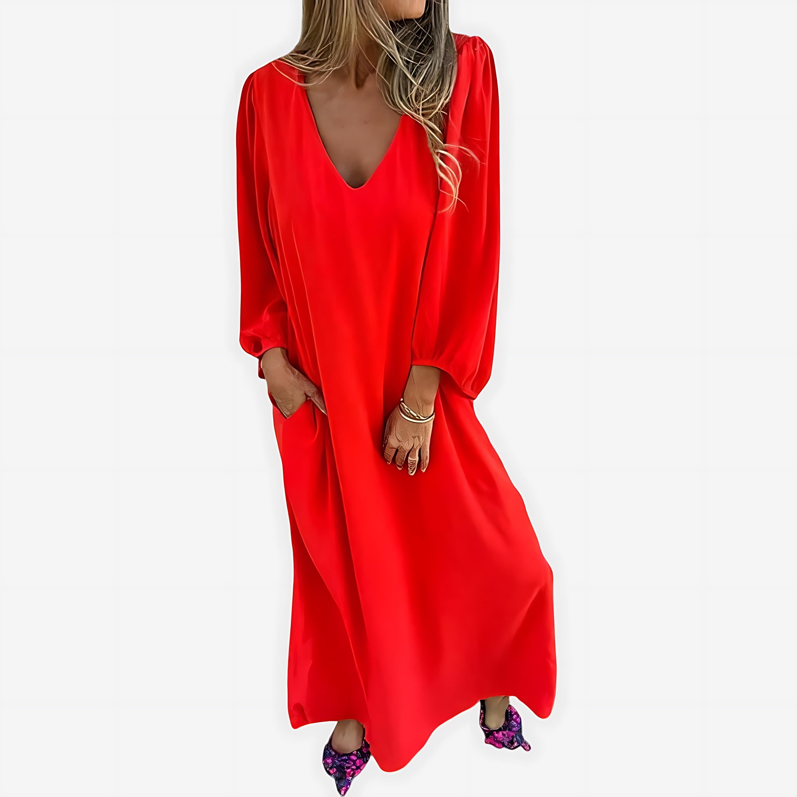 Maya – Balloon Sleeve V Neck Boho Maxi Dress
