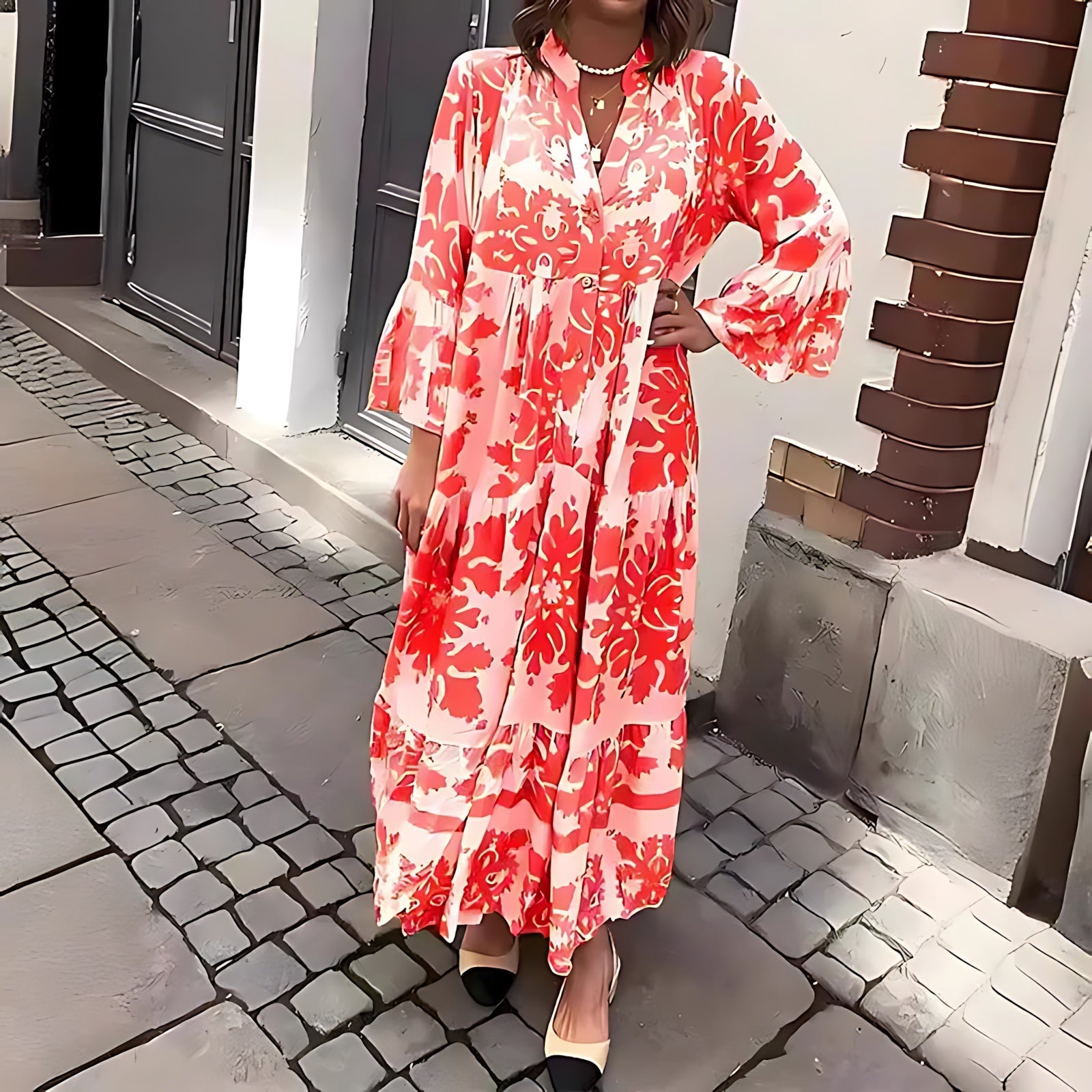 Maya – Floral Print Bell Sleeve Boho Maxi Dress