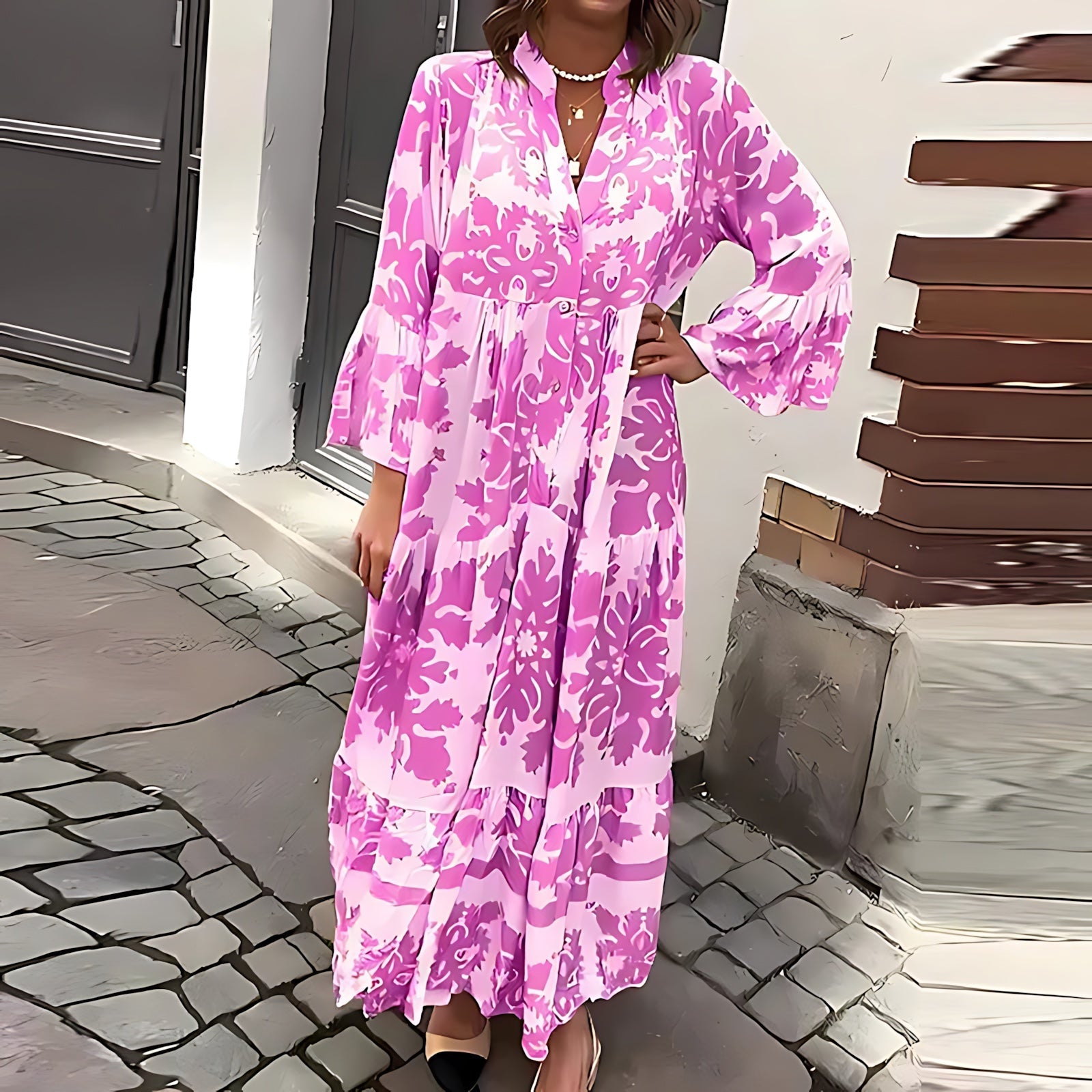Maya – Floral Print Bell Sleeve Boho Maxi Dress