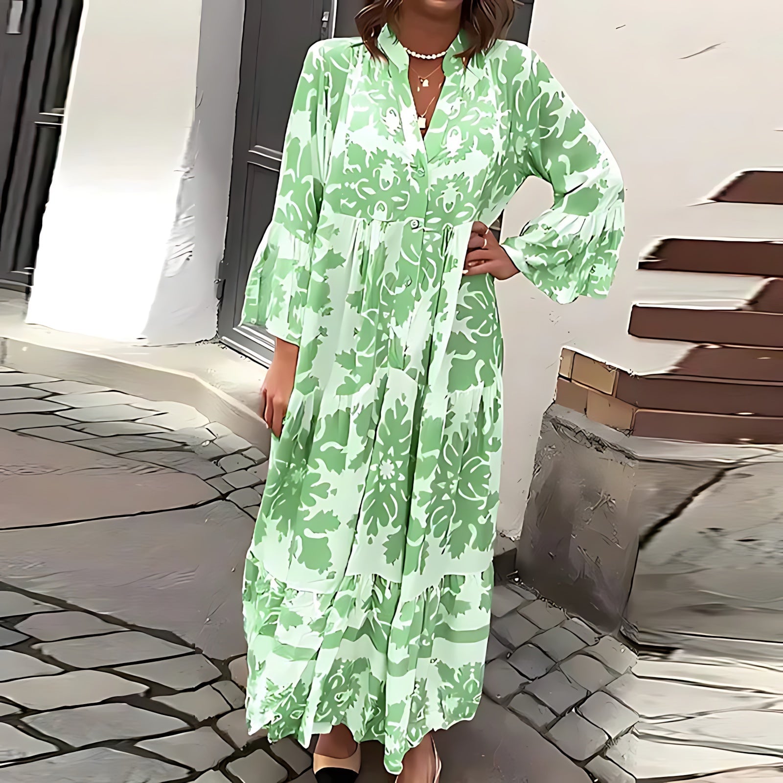 Maya – Floral Print Bell Sleeve Boho Maxi Dress