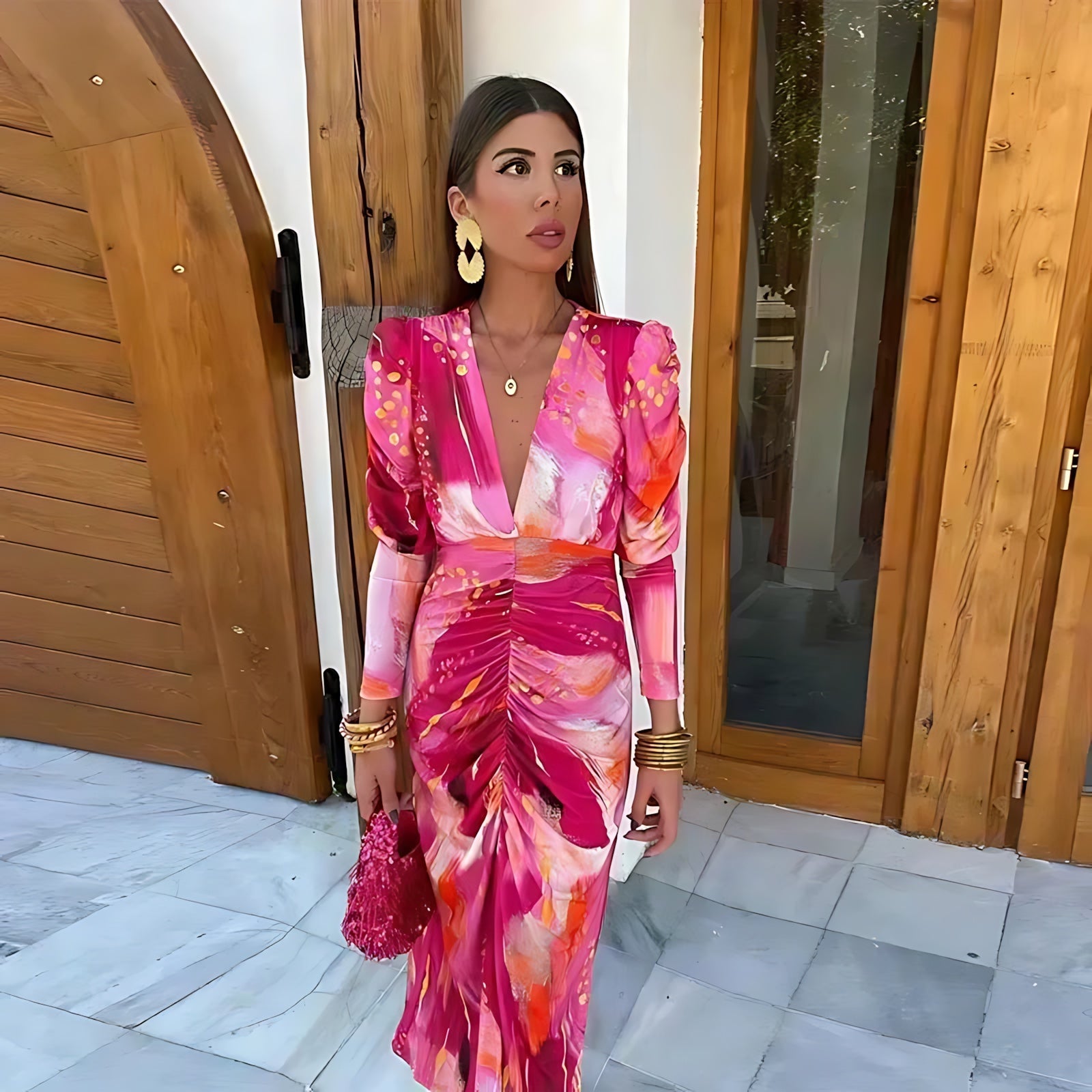 Mia – Abstract Print Ruched V Neck Party Midi Dress