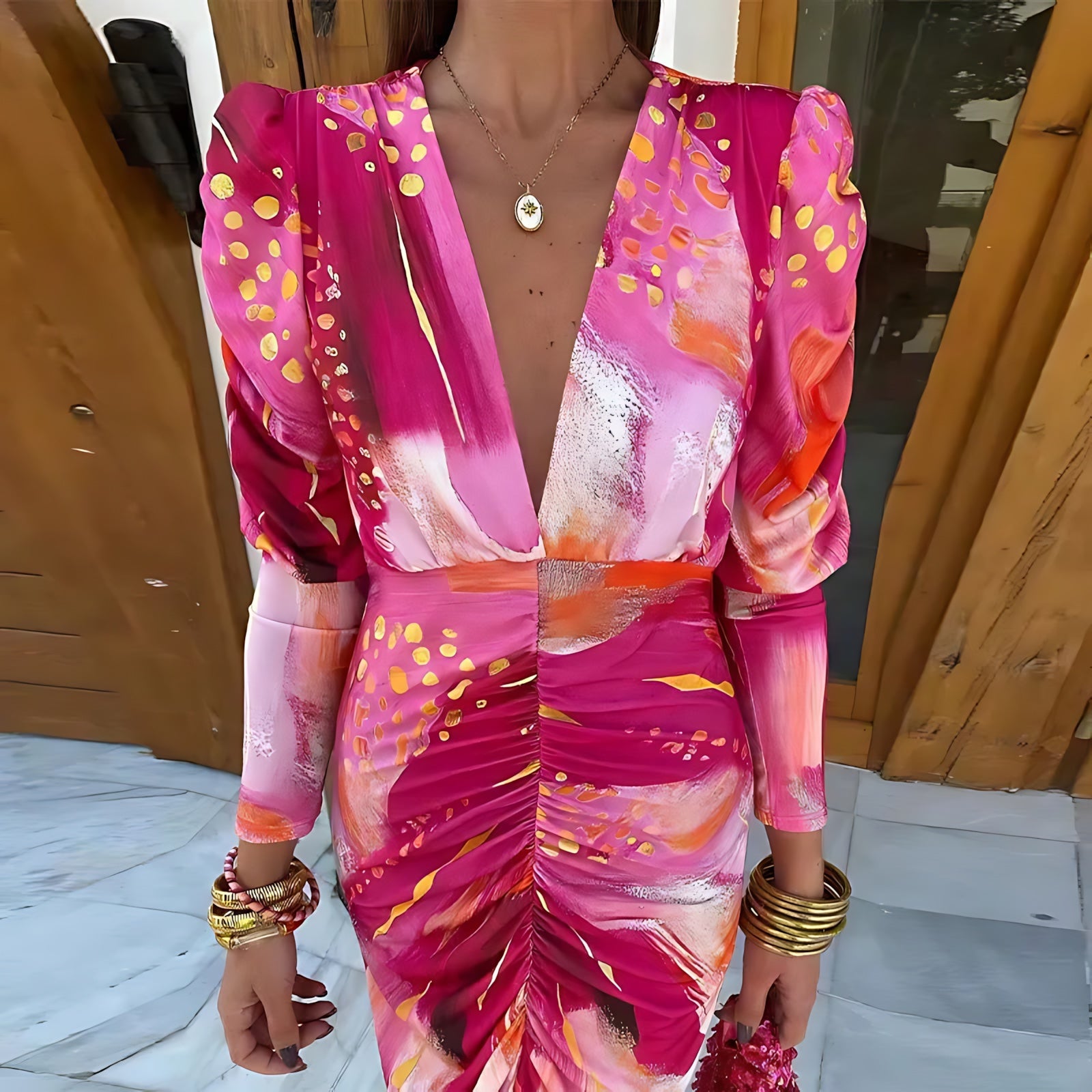 Mia – Abstract Print Ruched V Neck Party Midi Dress