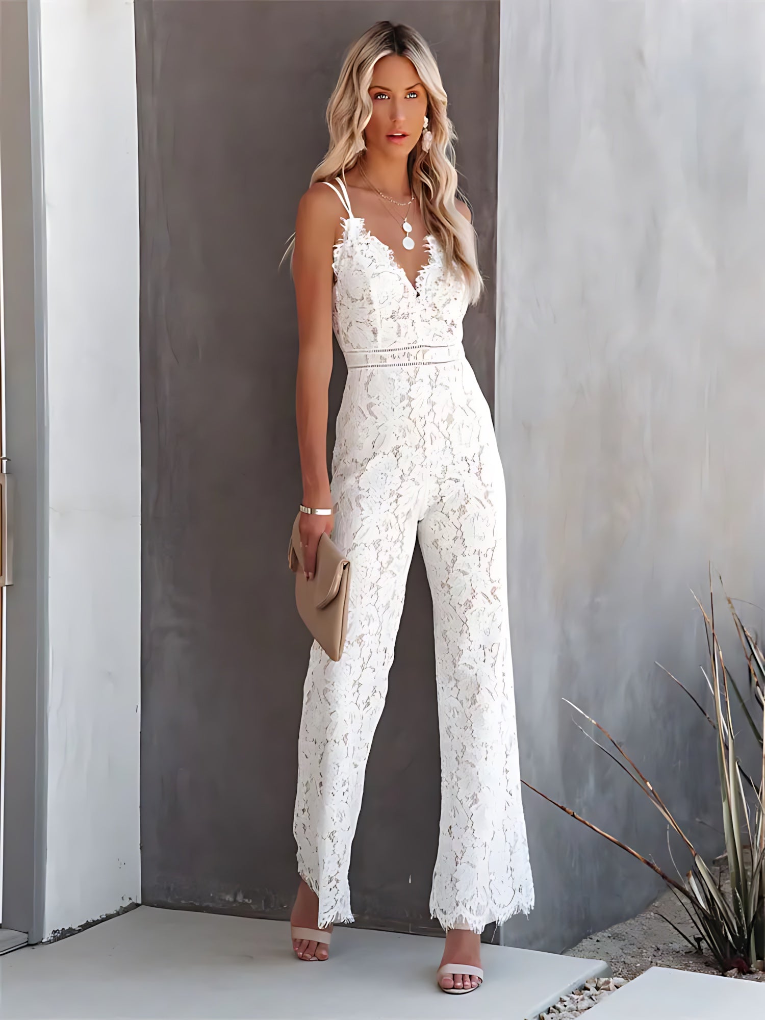 Mila – Lace Deep V Neck Wide Leg Party Jumpsuit