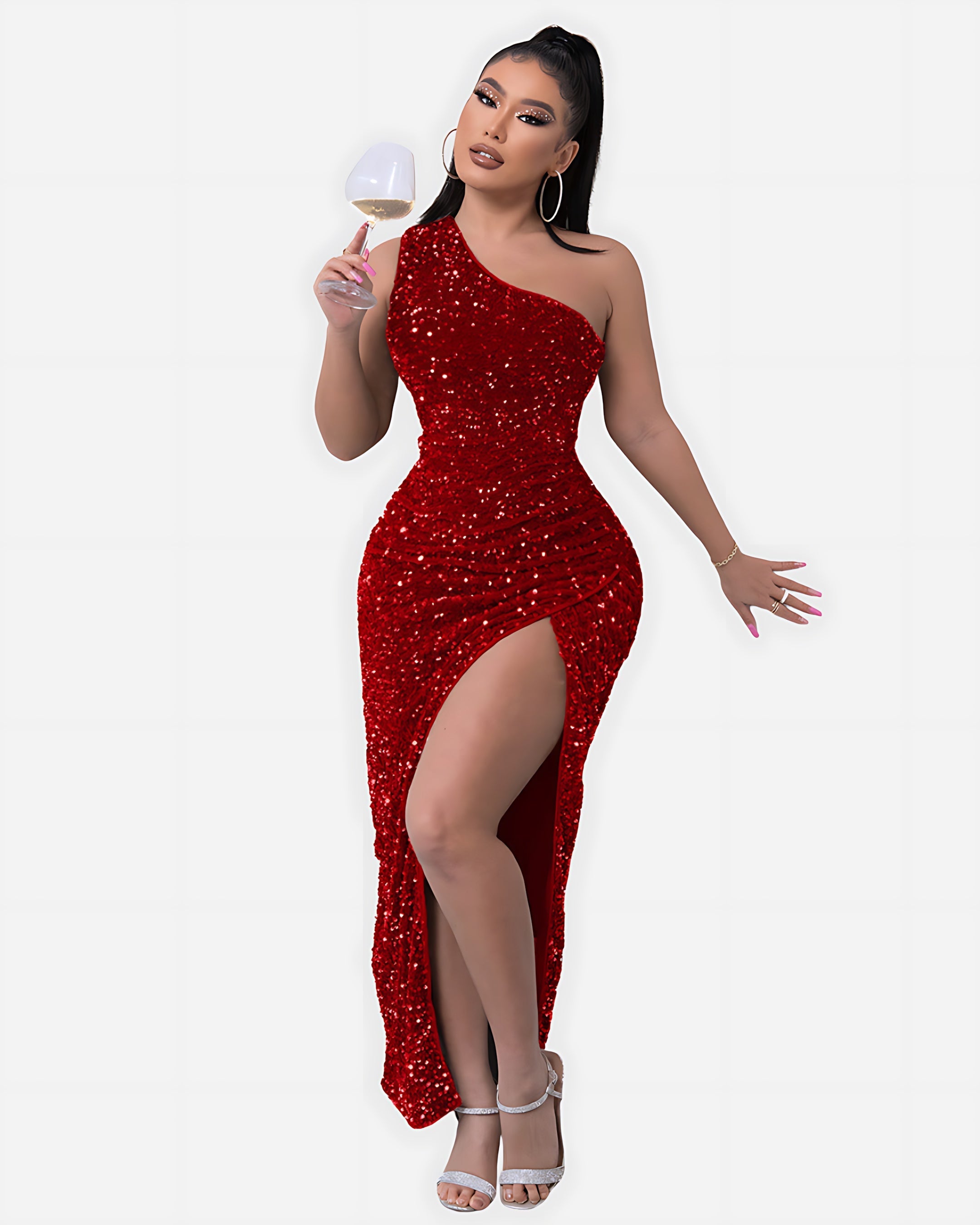 Millie – Sequin One Shoulder Ruched Evening Maxi Dress