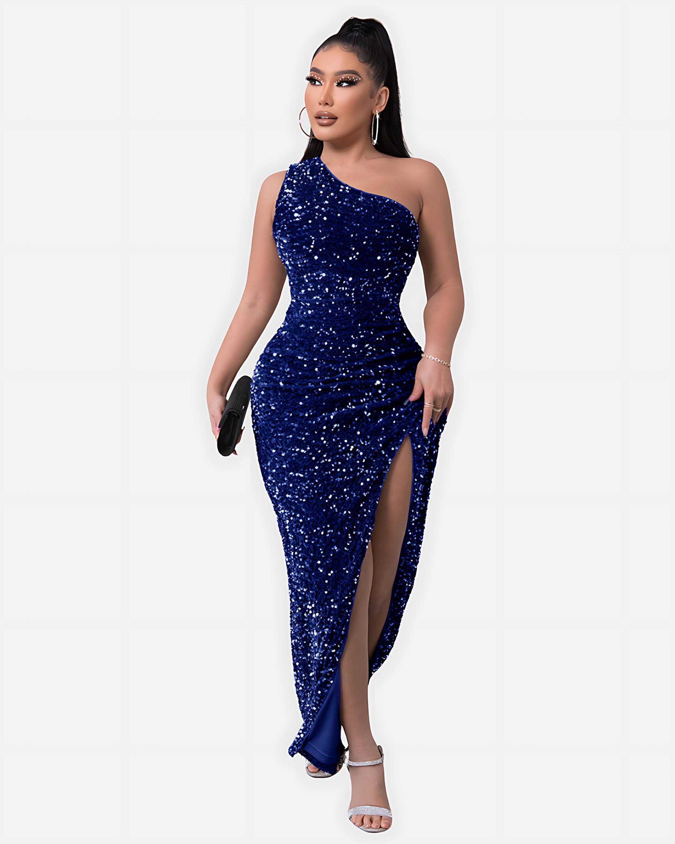 Millie – Sequin One Shoulder Ruched Evening Maxi Dress