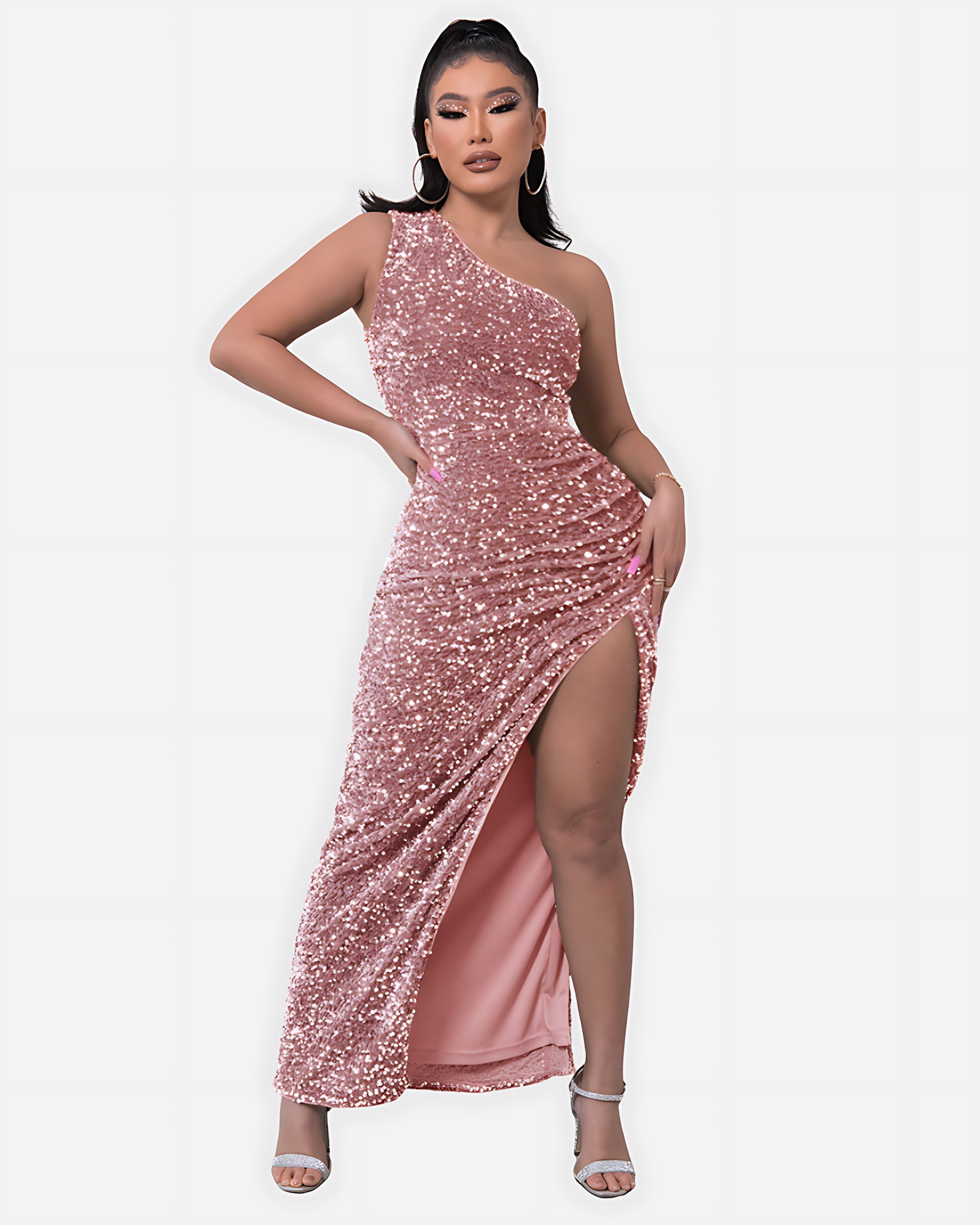 Millie – Sequin One Shoulder Ruched Evening Maxi Dress
