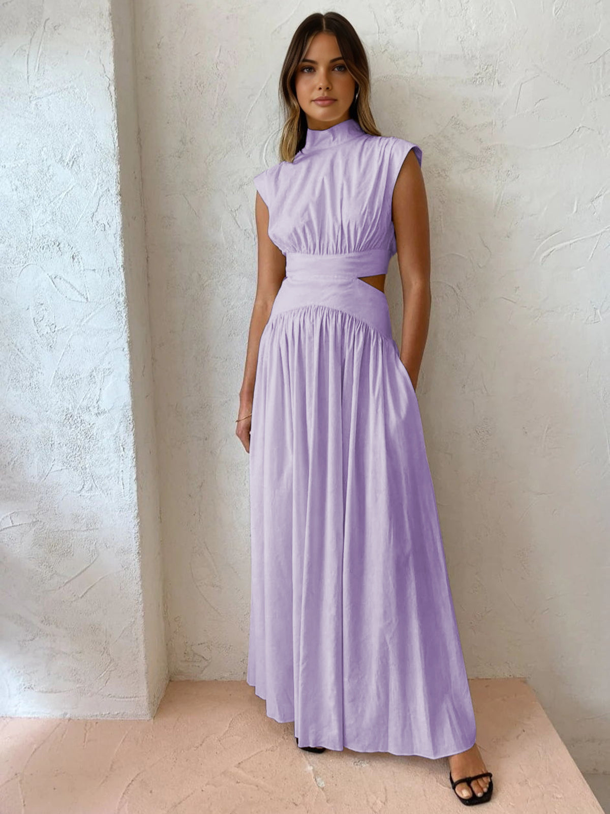 Frances – Mock Neck Cutout Pleated Evening Maxi Dress