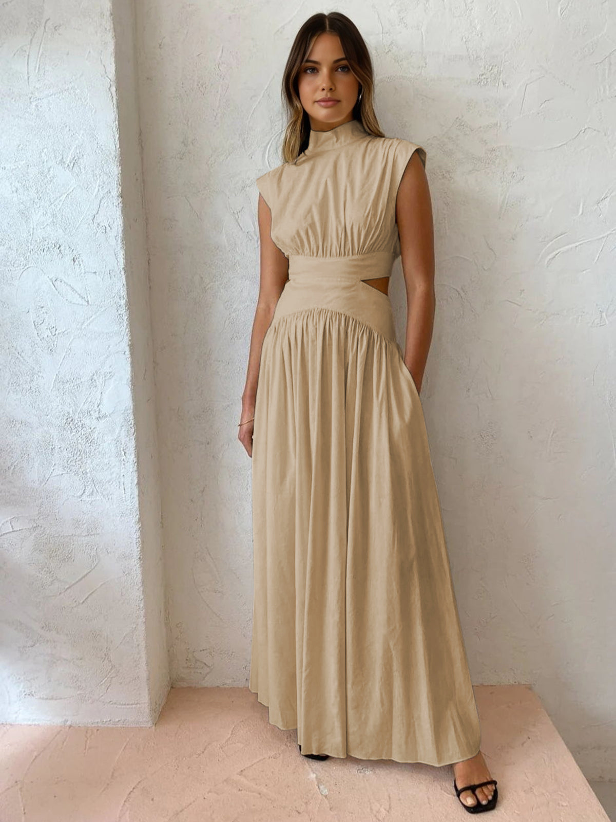 Frances – Mock Neck Cutout Pleated Evening Maxi Dress