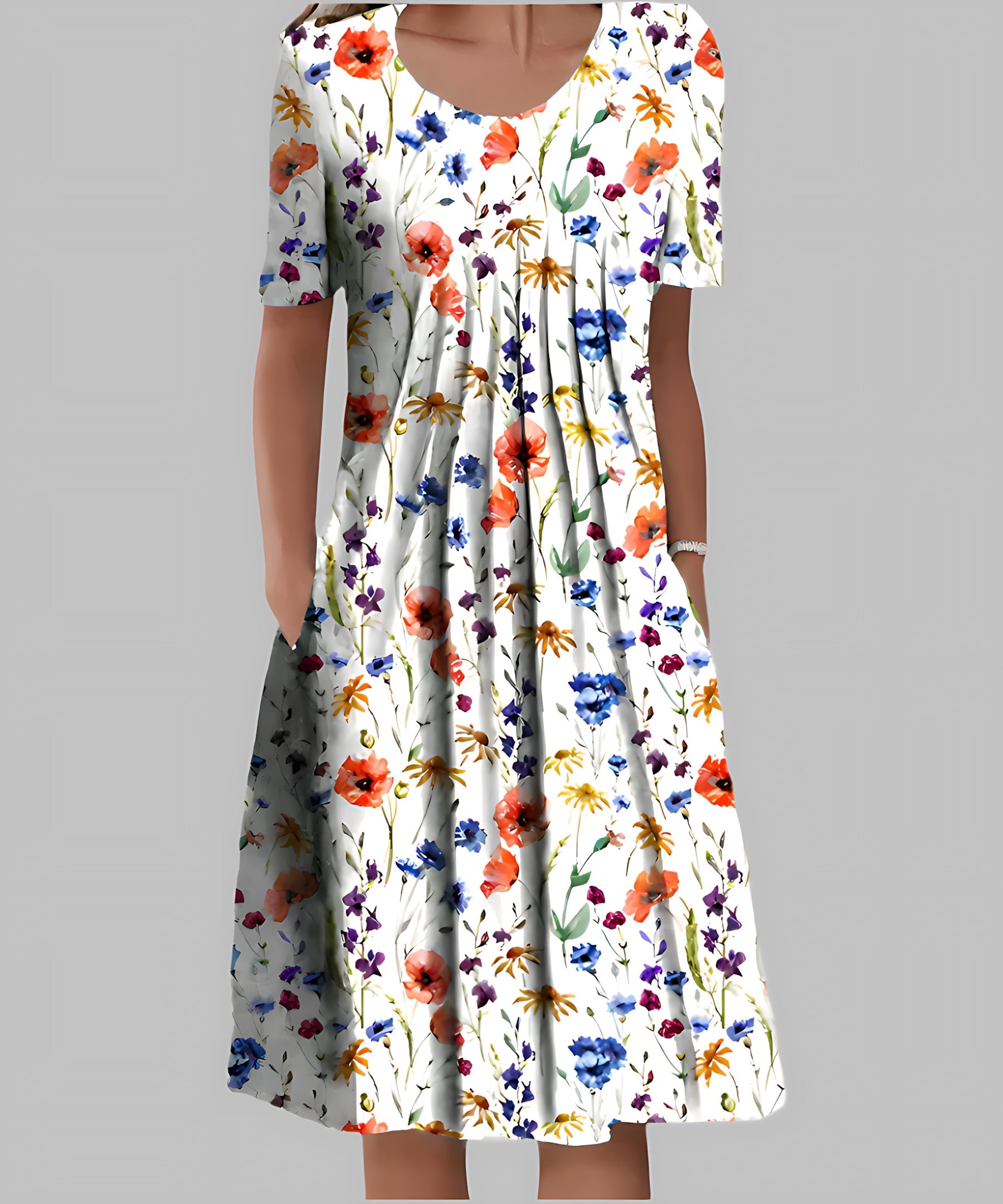 Nadia – Floral V Neck Pleated A Line Midi Dress
