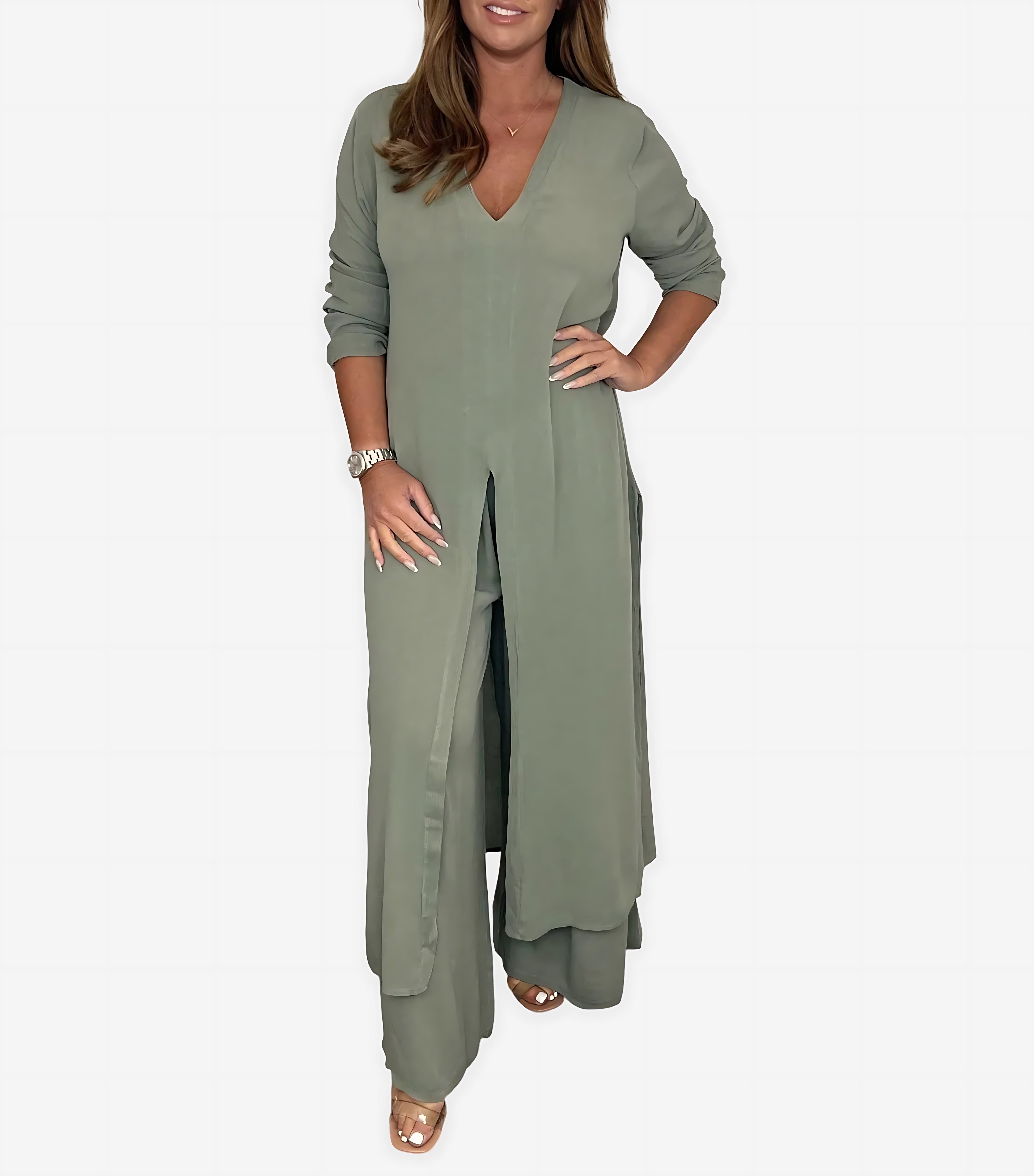 Nadia – Longline Button Up Shirt and Straight Leg Pants Set