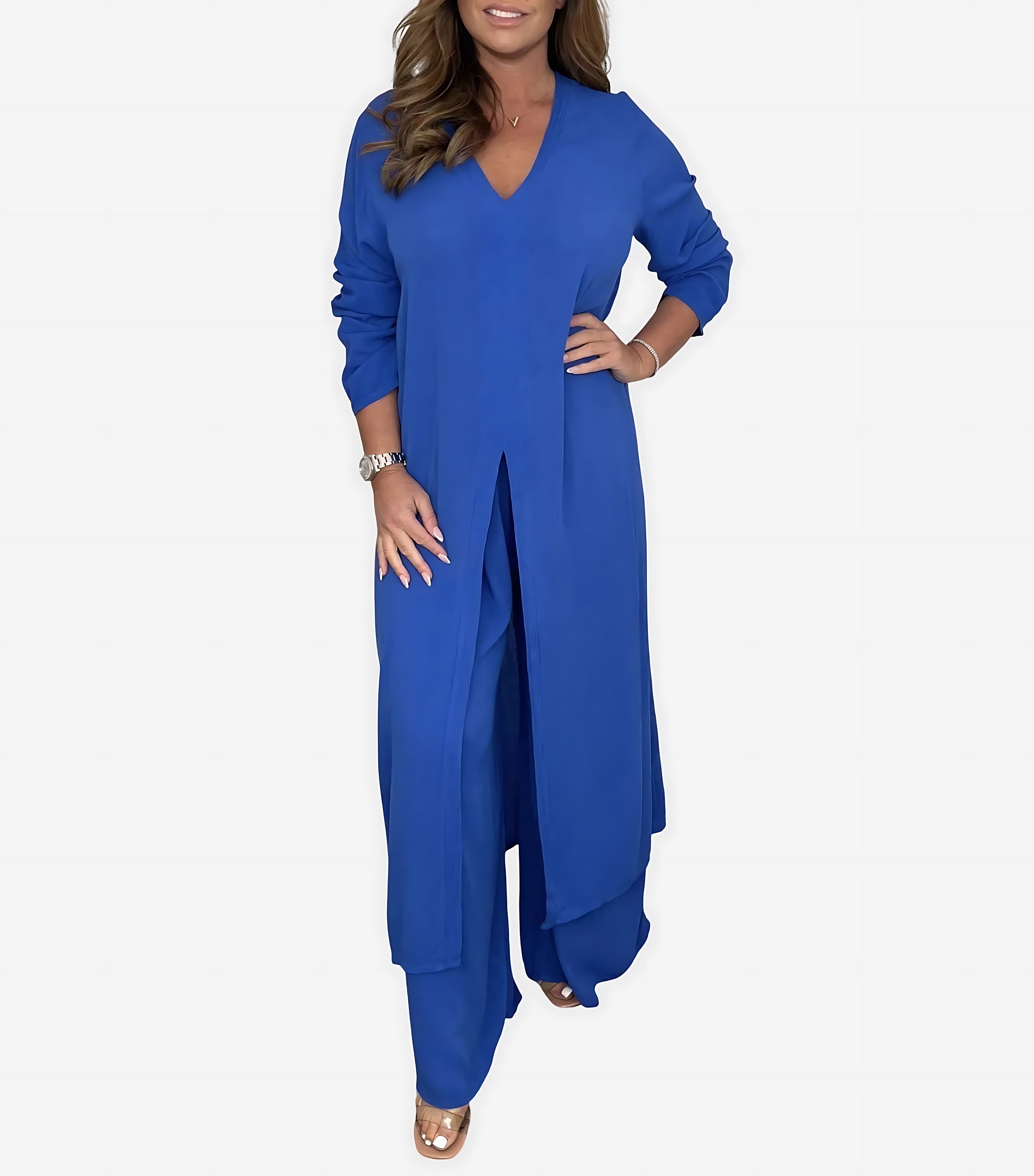 Nadia – Longline Button Up Shirt and Straight Leg Pants Set