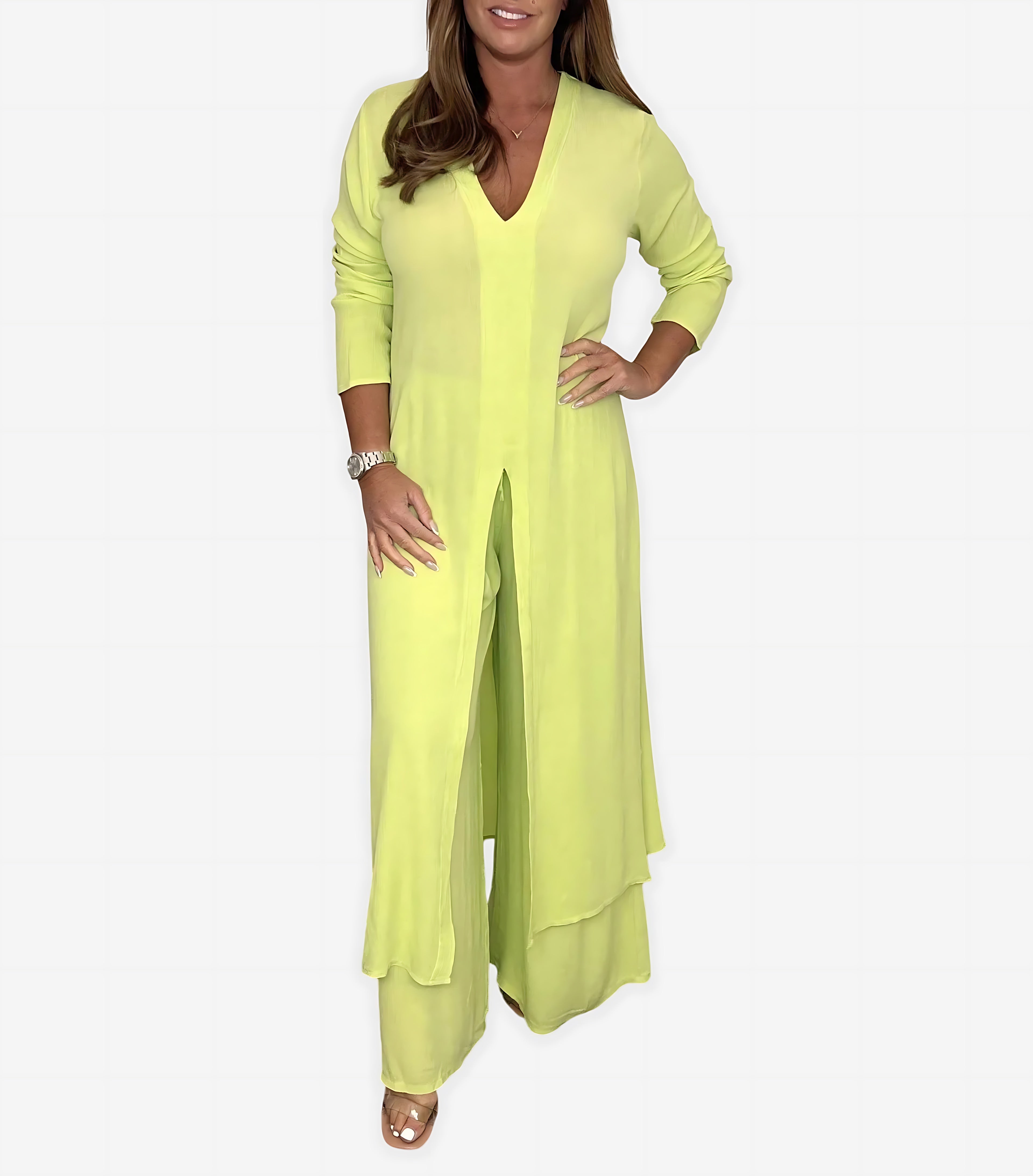 Nadia – Longline Button Up Shirt and Straight Leg Pants Set