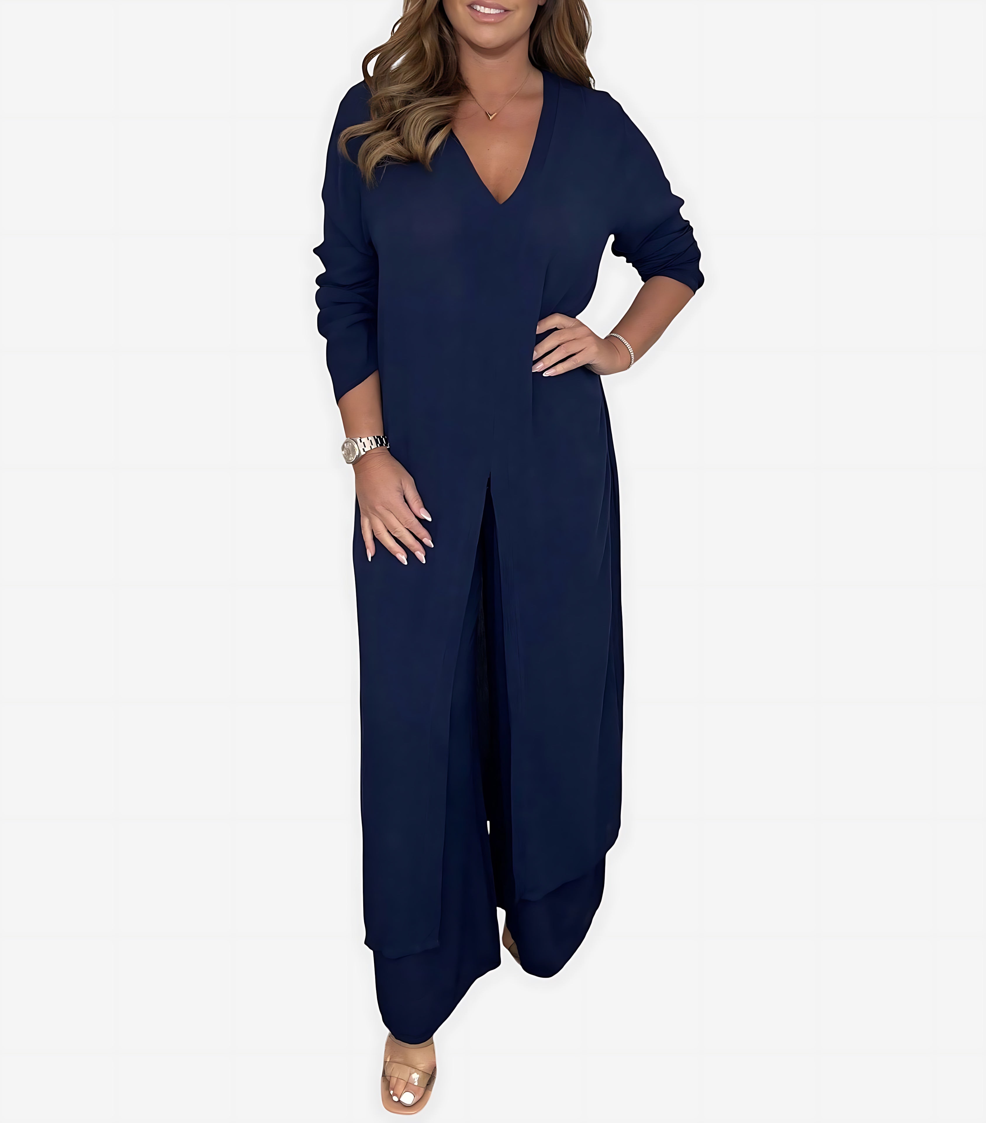 Nadia – Longline Button Up Shirt and Straight Leg Pants Set