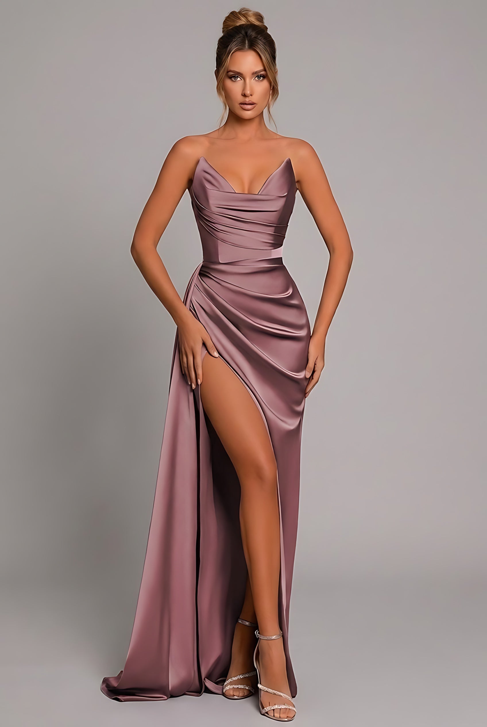Natalie – Satin Cowl Neck High Slit Cocktail Maxi Dress