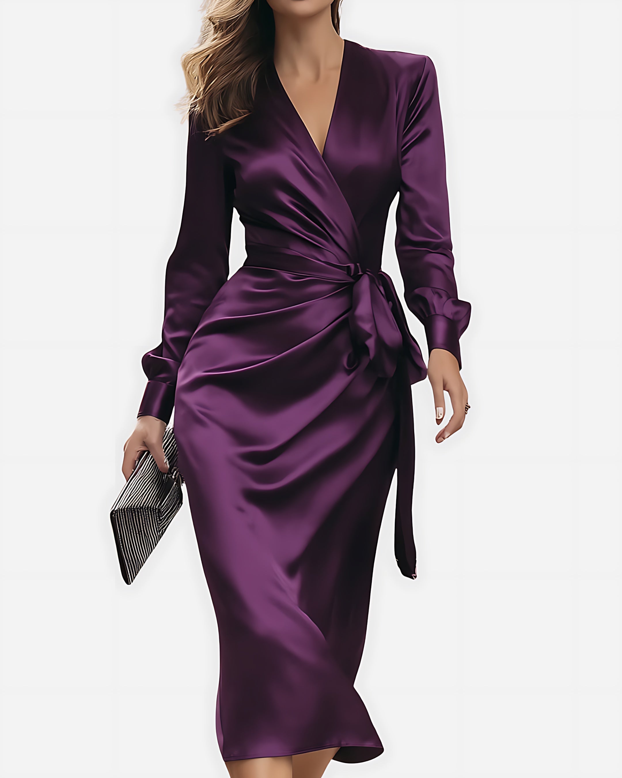 Natalie – Satin Wrap V Neck Cocktail Midi Dress