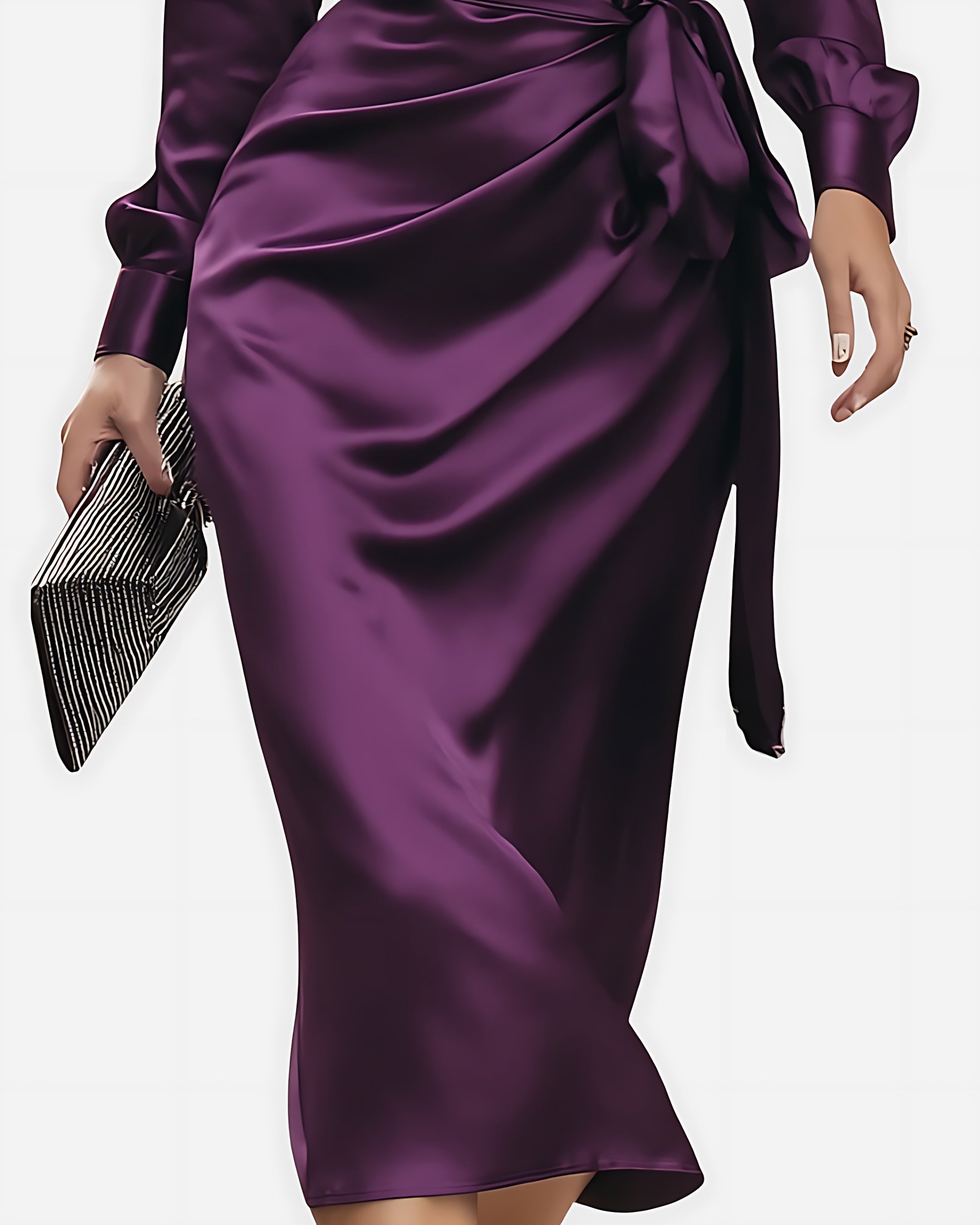 Natalie – Satin Wrap V Neck Cocktail Midi Dress