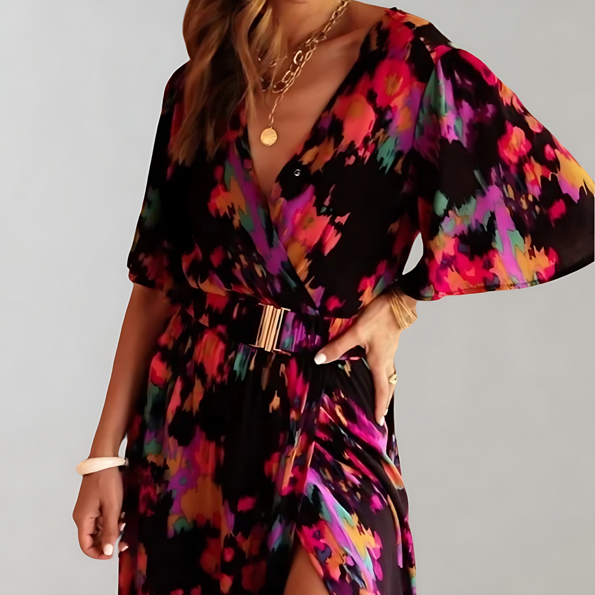 Noelle – Floral Print V Neck Wrap Slit Maxi Dress