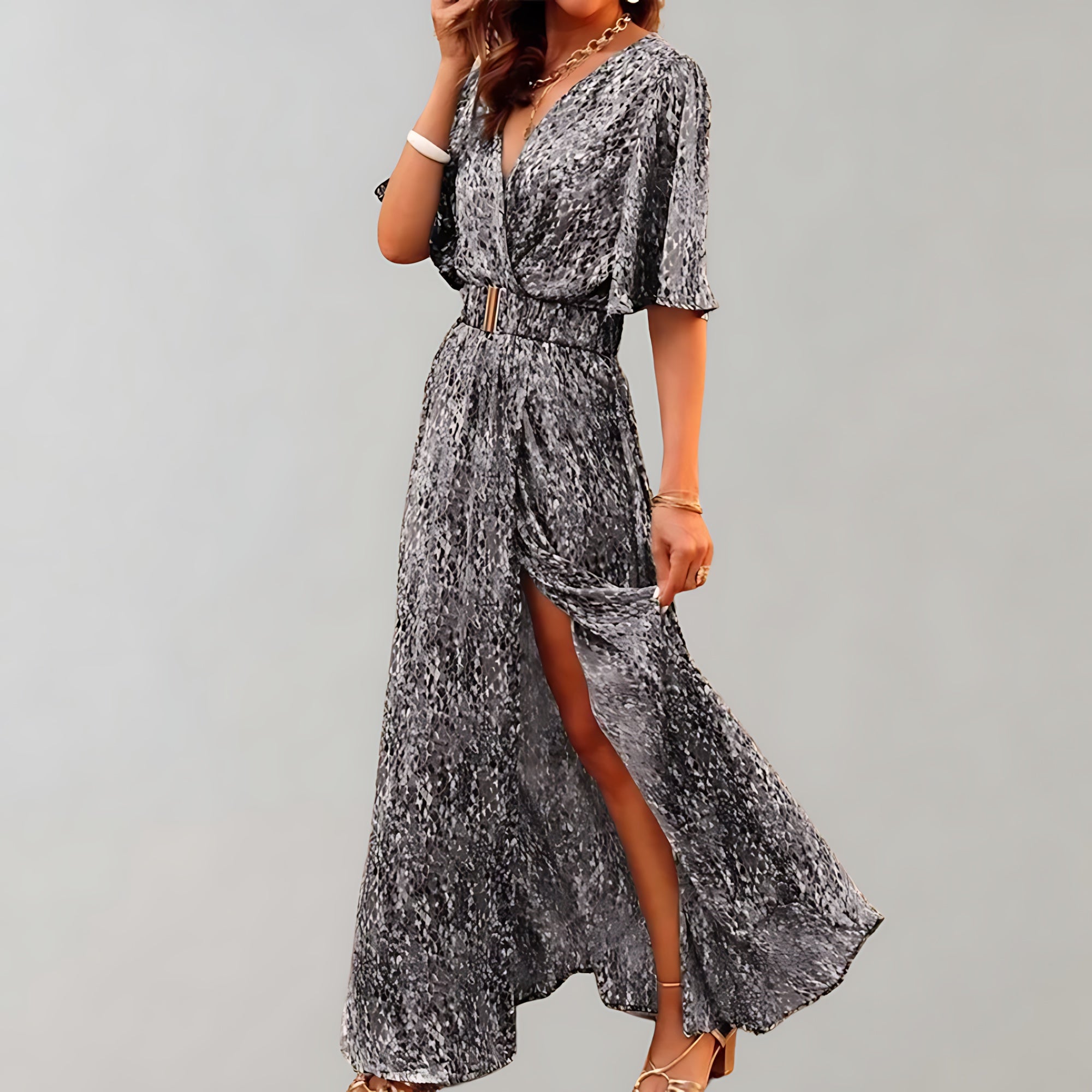 Noelle – Floral Print V Neck Wrap Slit Maxi Dress