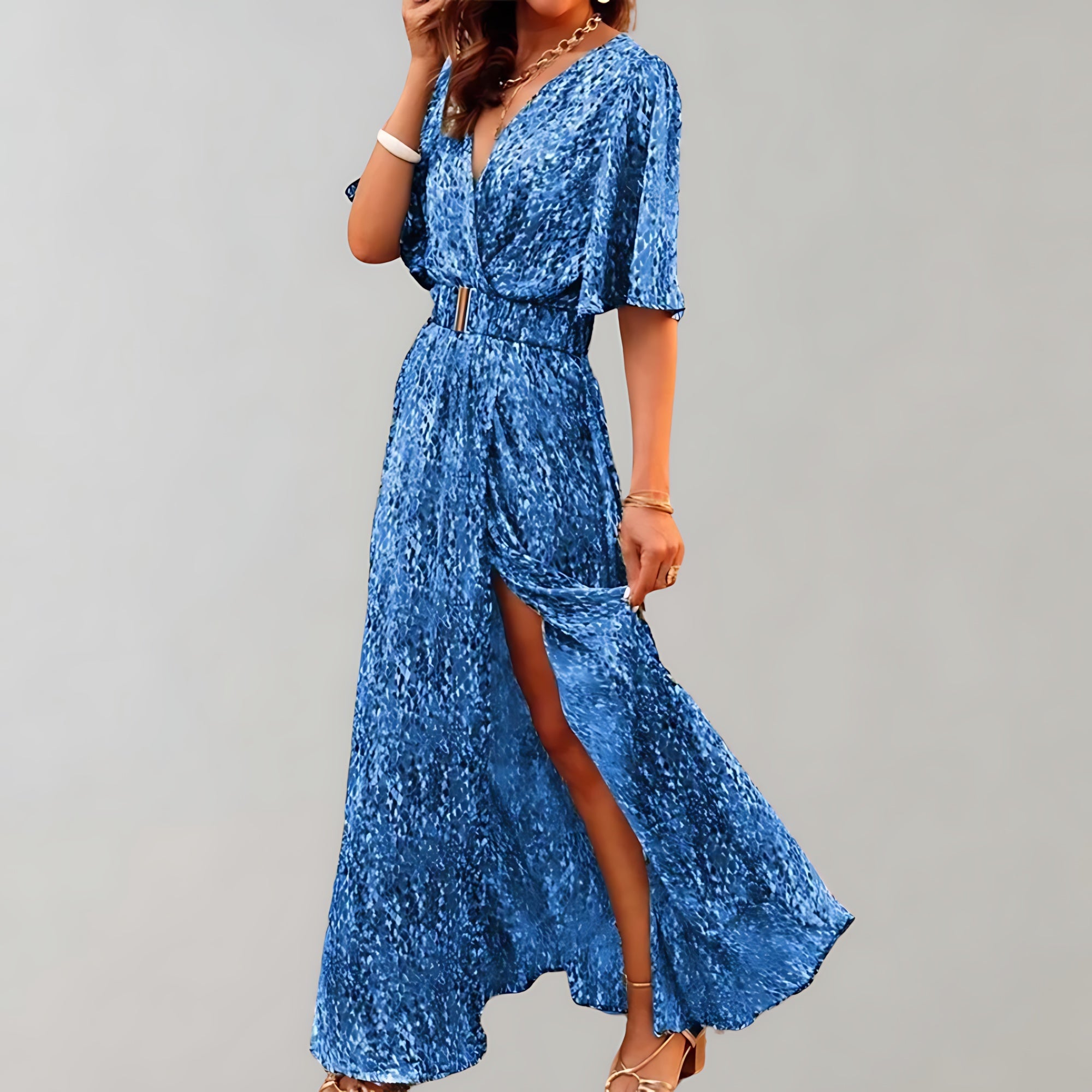 Noelle – Floral Print V Neck Wrap Slit Maxi Dress