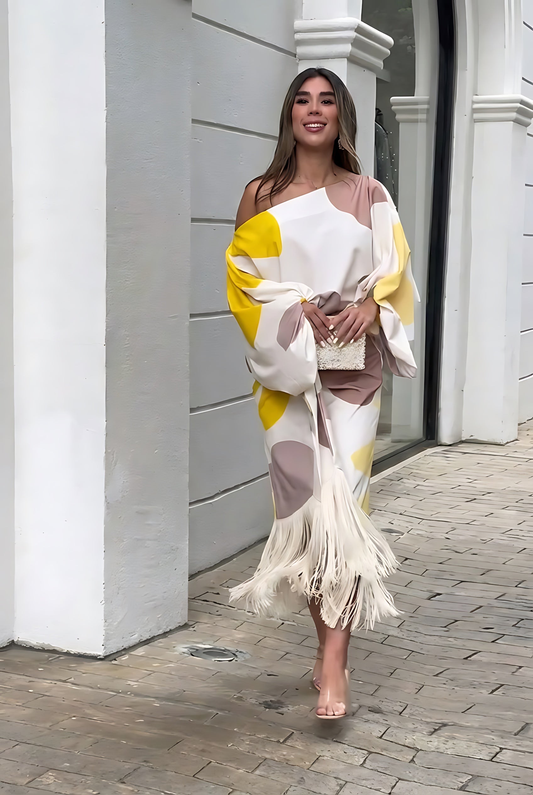 Noelle – One Shoulder Abstract Print Fringe Midi Set