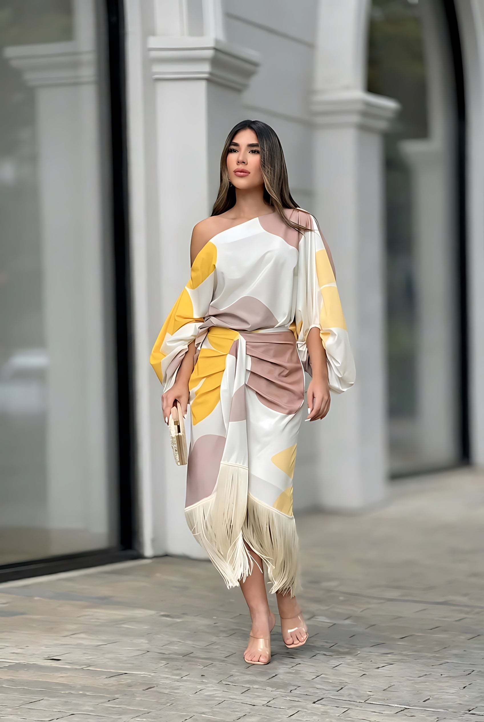 Noelle – One Shoulder Abstract Print Fringe Midi Set