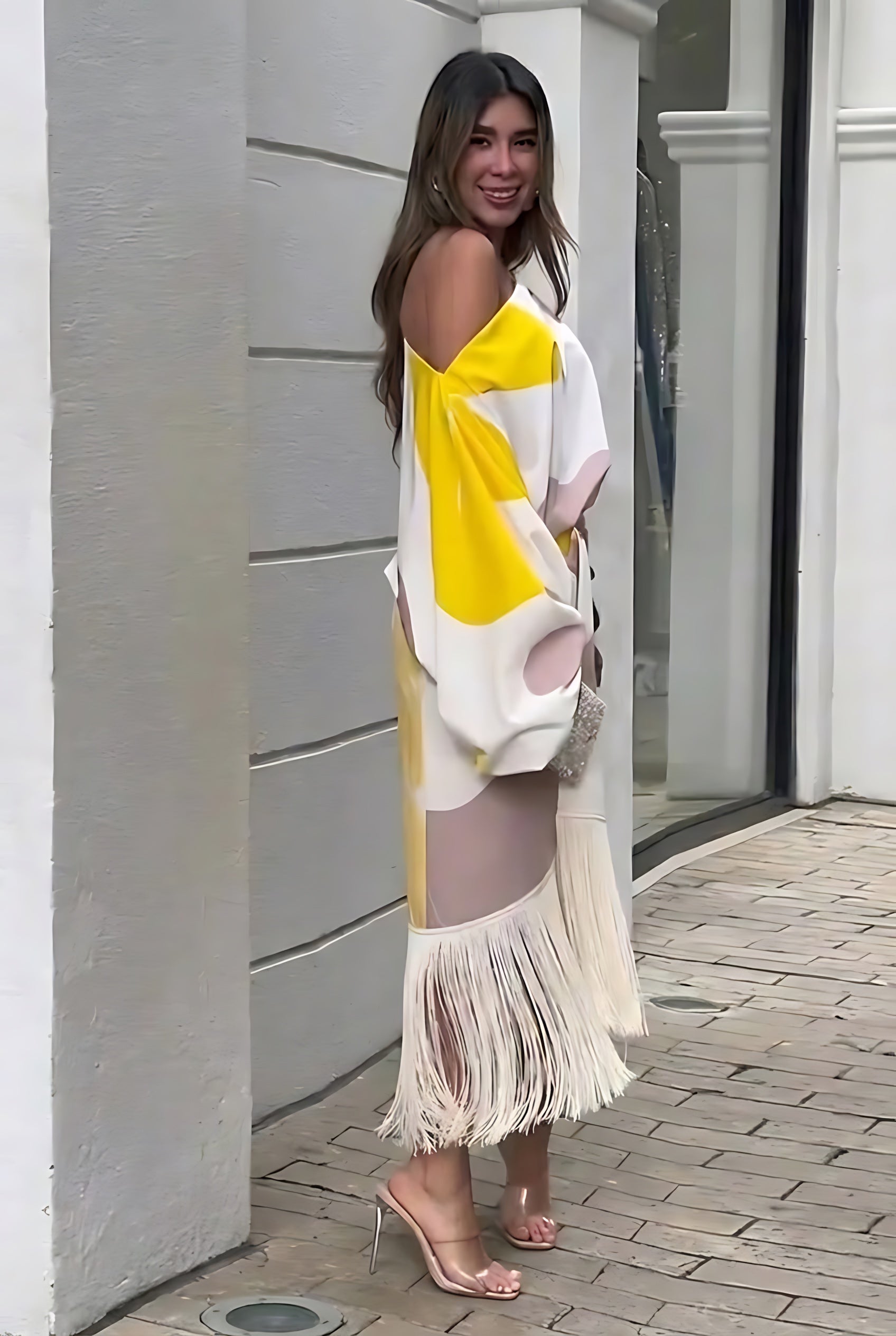 Noelle – One Shoulder Abstract Print Fringe Midi Set