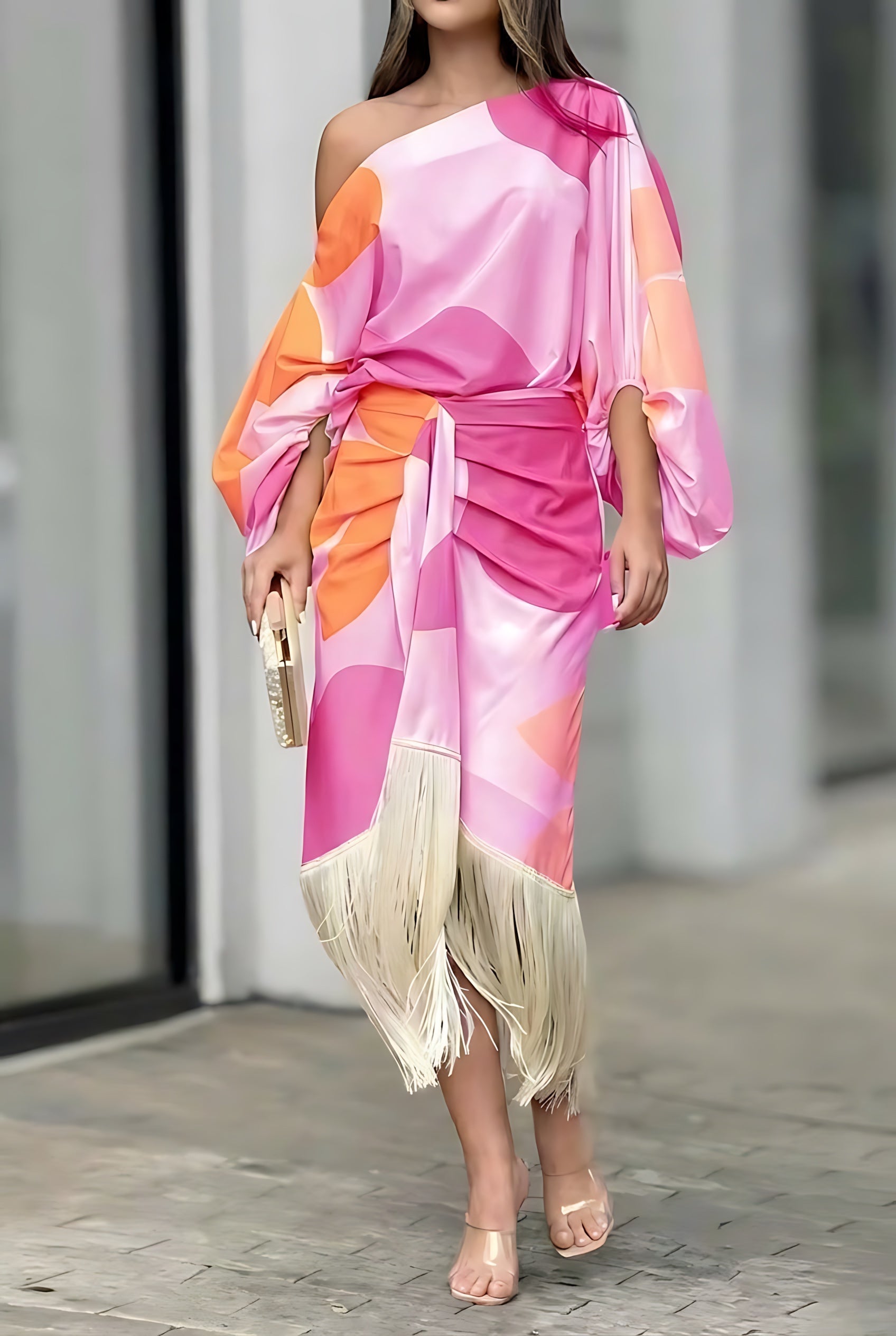 Noelle – One Shoulder Abstract Print Fringe Midi Set