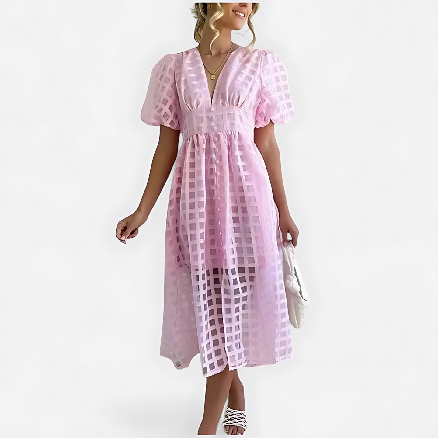 Noelle – Puff Sleeve V Neck Cocktail Midi Dress