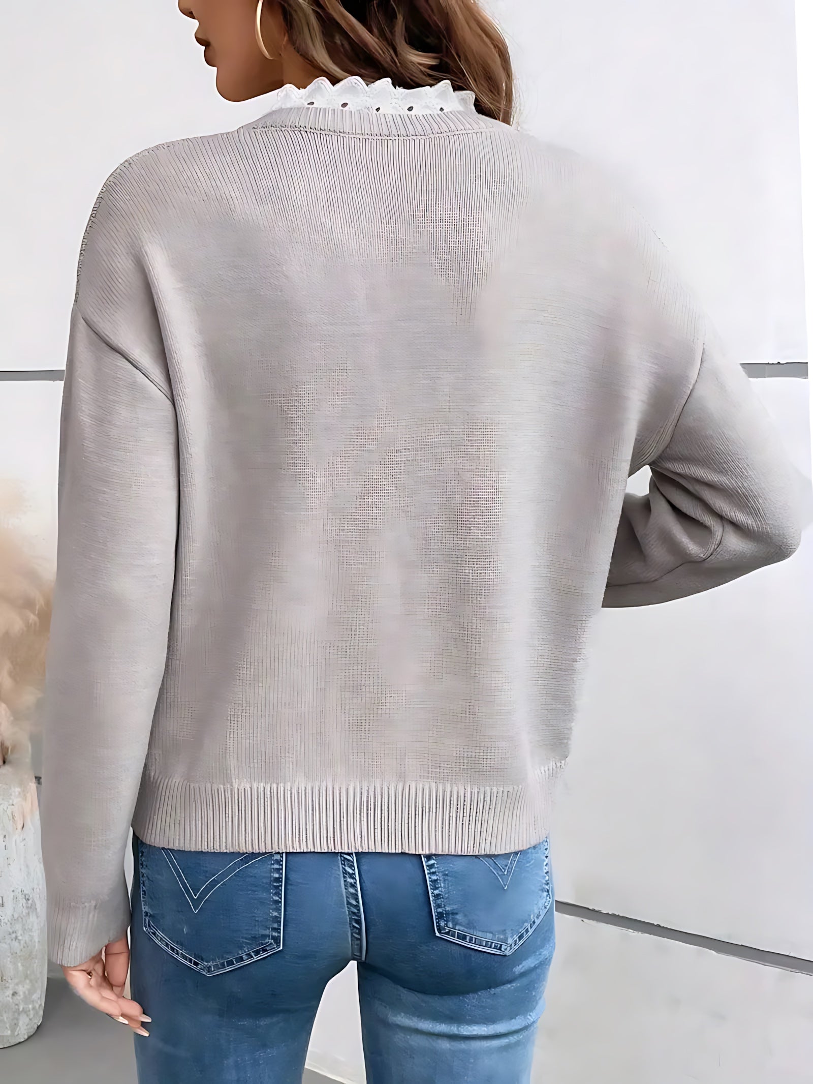 Noelle – V Neck Lace Trim Knit Sweater