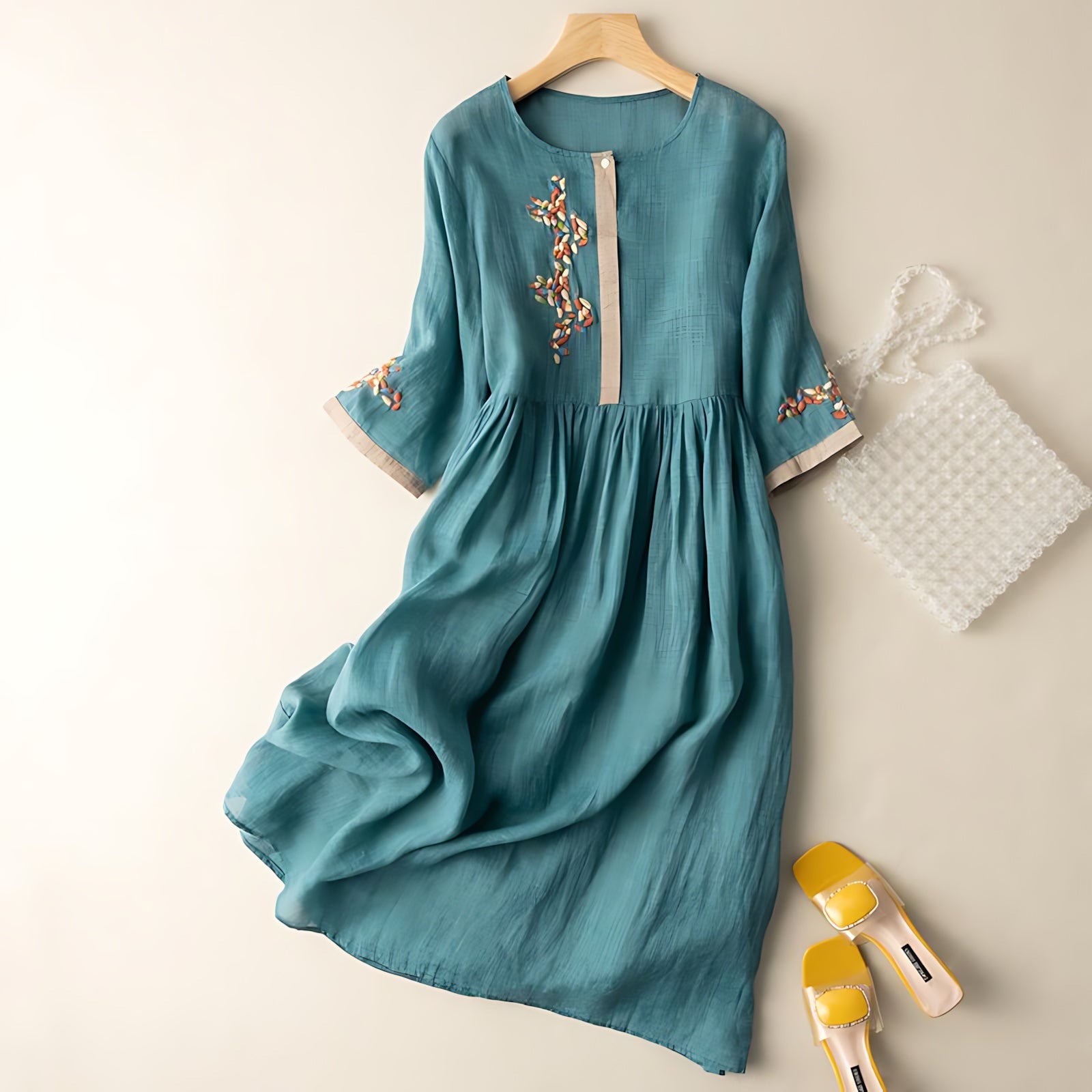 Nora – Bell Sleeve Crew Neck A Line Midi Dress