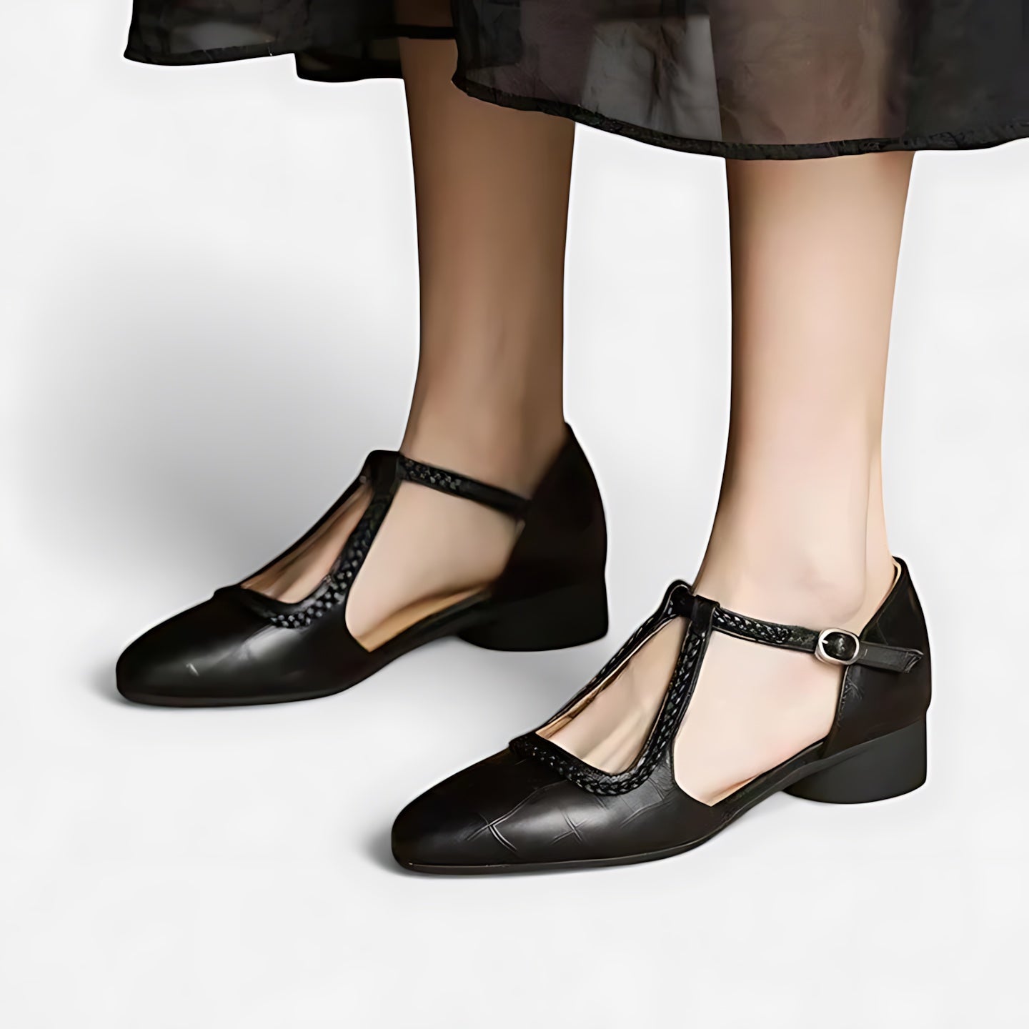 Nora – Pointed Toe T Strap Low Heel Pumps
