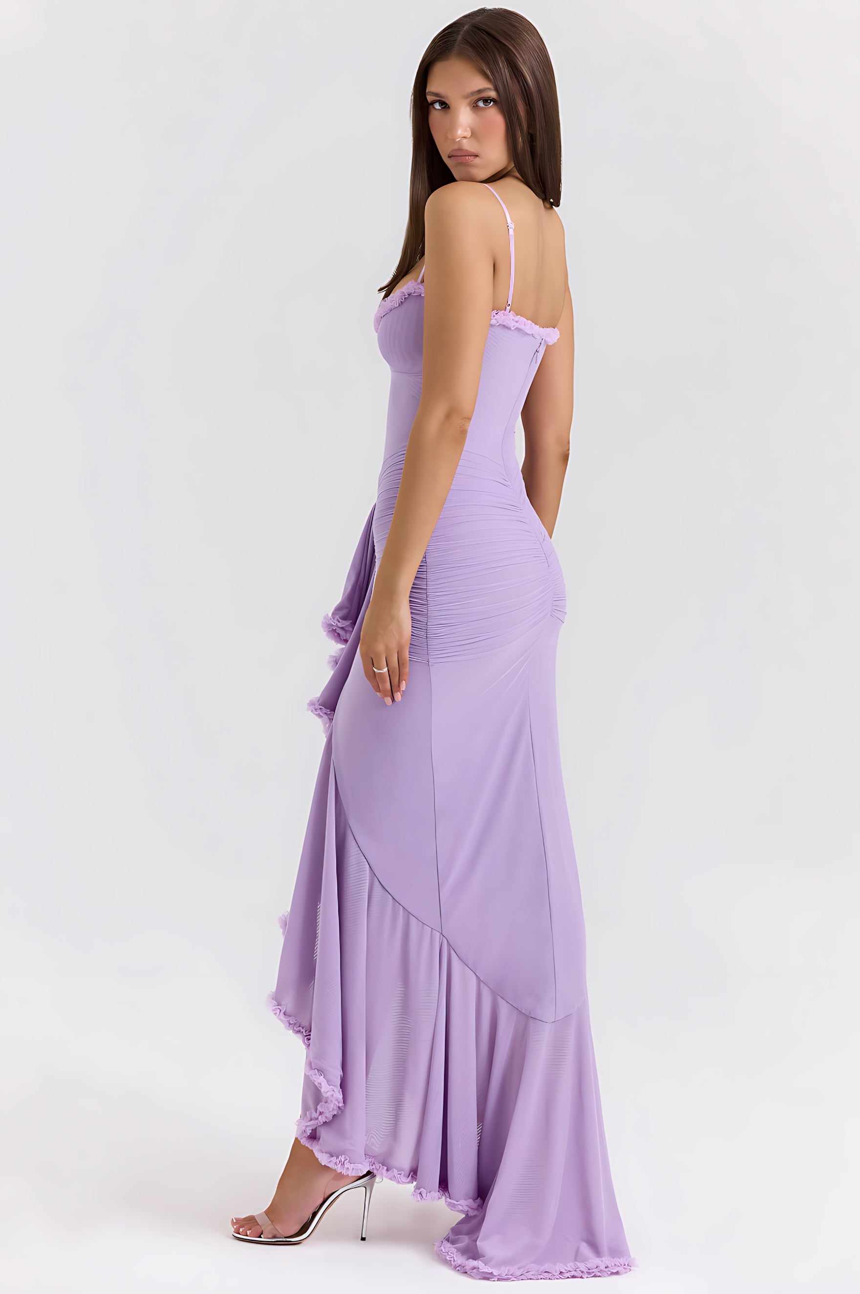 Nora – Ruched Ruffle High Low Party Midi Dress
