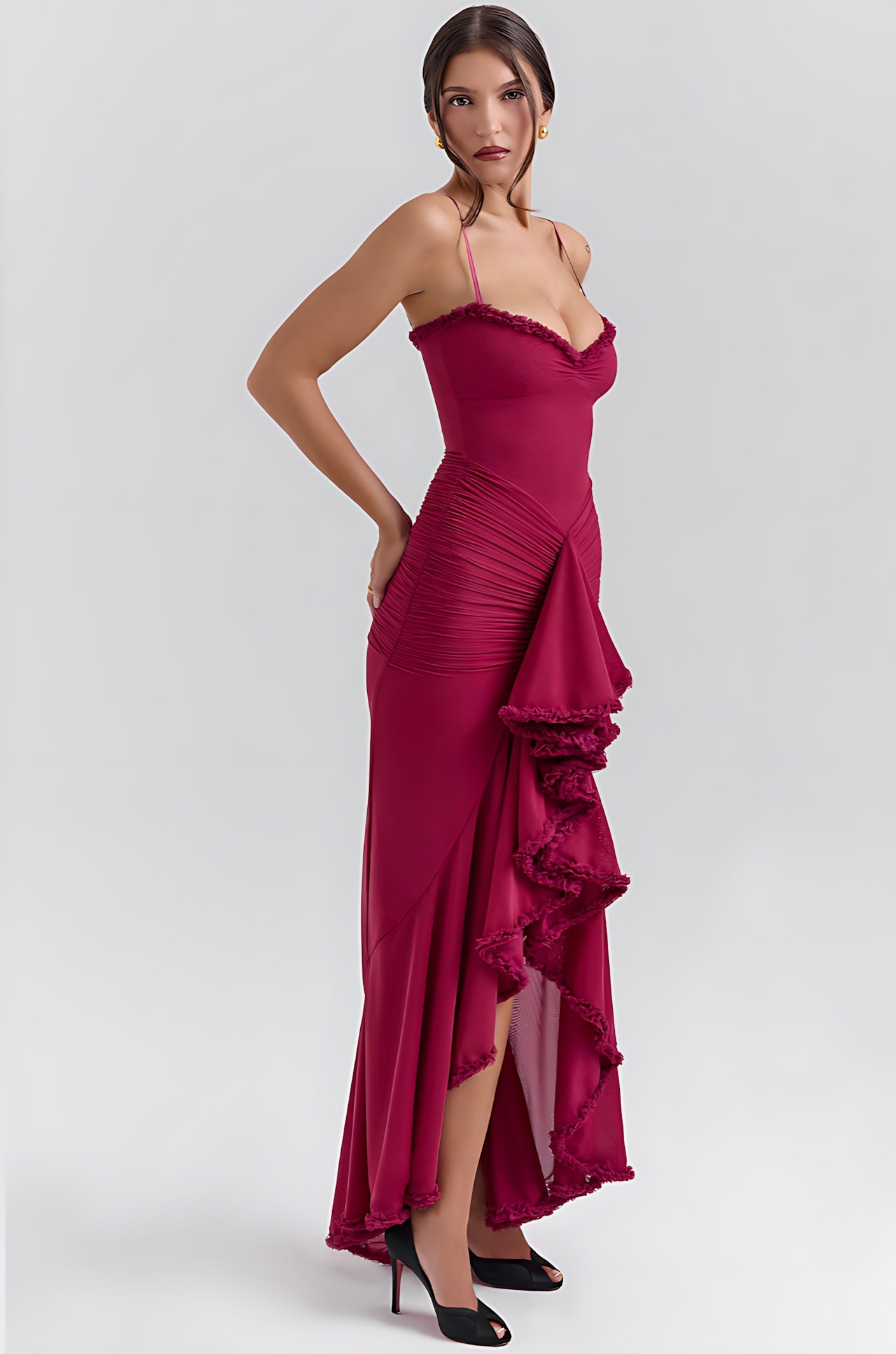 Nora – Ruched Ruffle High Low Party Midi Dress