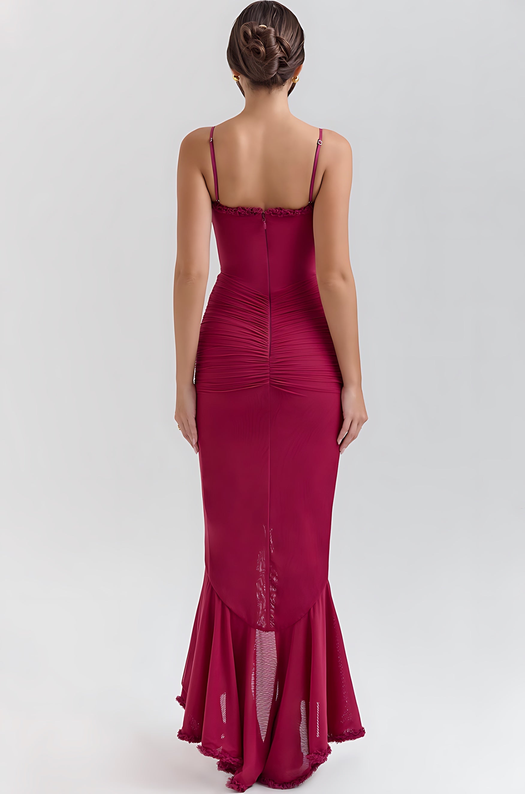 Nora – Ruched Ruffle High Low Party Midi Dress
