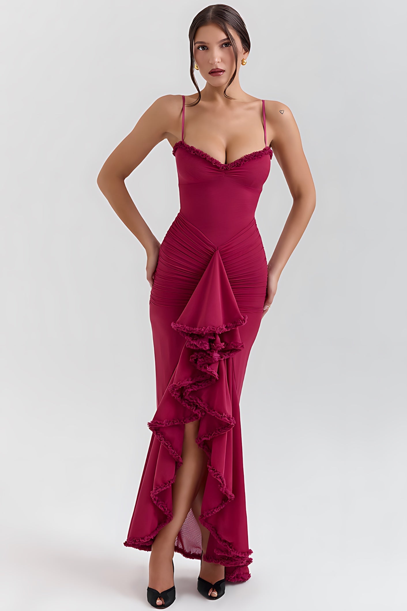 Nora – Ruched Ruffle High Low Party Midi Dress