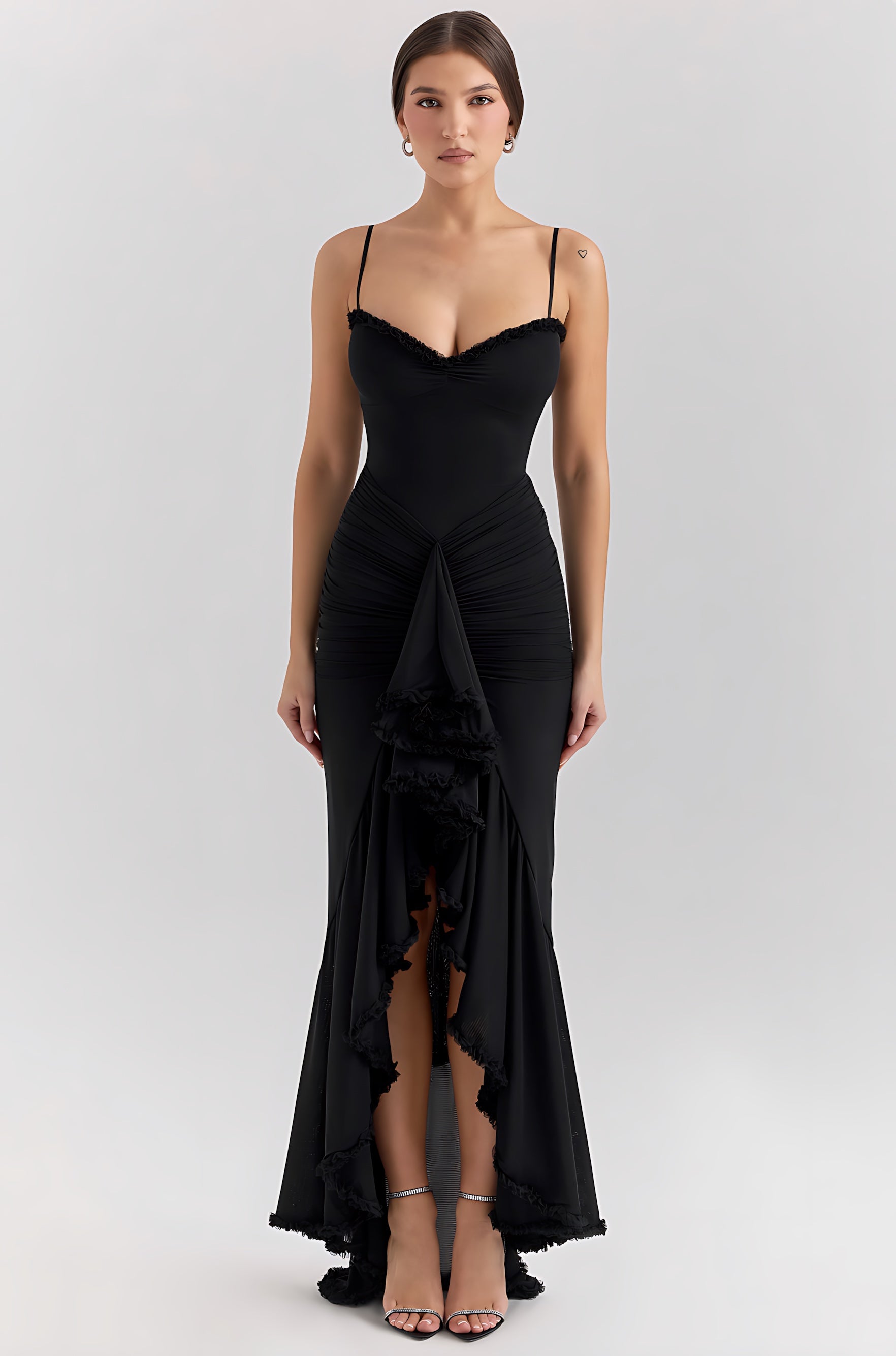 Nora – Ruched Ruffle High Low Party Midi Dress